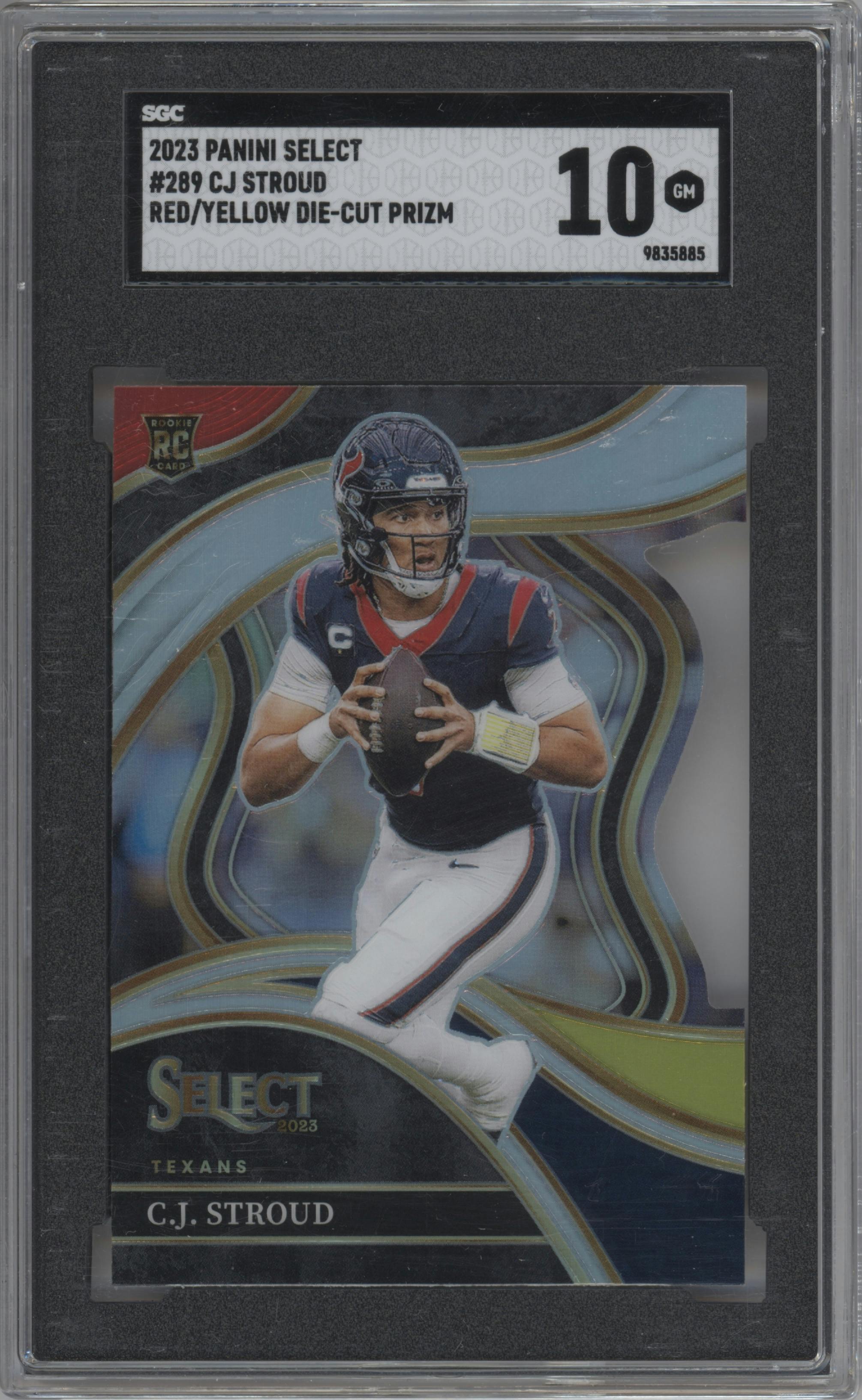 C.J. Stroud from the 2023 Panini Select set featuring a Die-Cut Red/Yellow Prizm parallel graded by SGC and given an overall grade of 10.