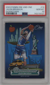 Jalen Brunson from the 2024-25 Panini One and One set graded by PSA and given an overall grade of 10.