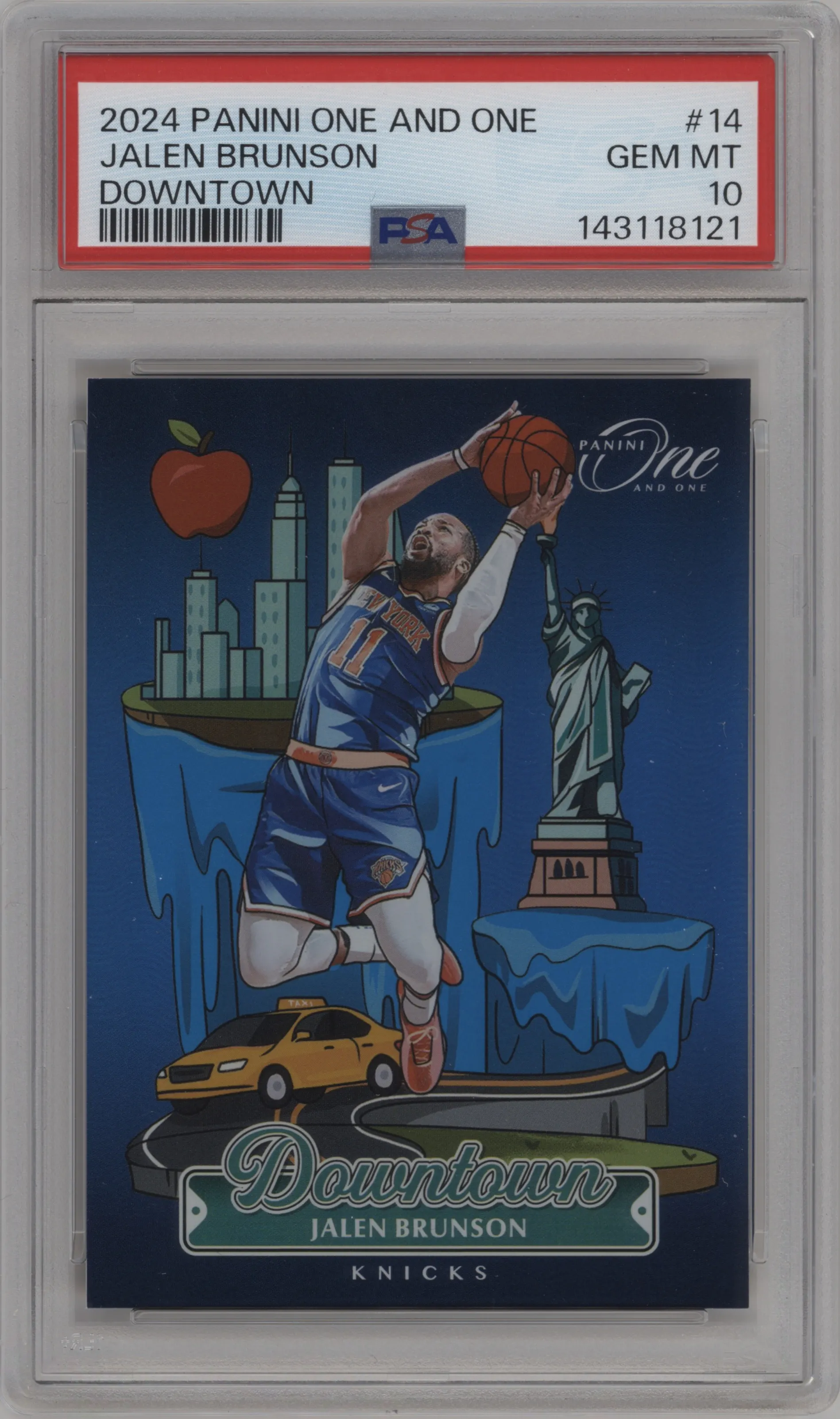 Jalen Brunson from the 2024-25 Panini One and One set graded by PSA and given an overall grade of 10.