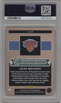 Jalen Brunson from the 2024-25 Panini One and One set graded by PSA and given an overall grade of 10.
