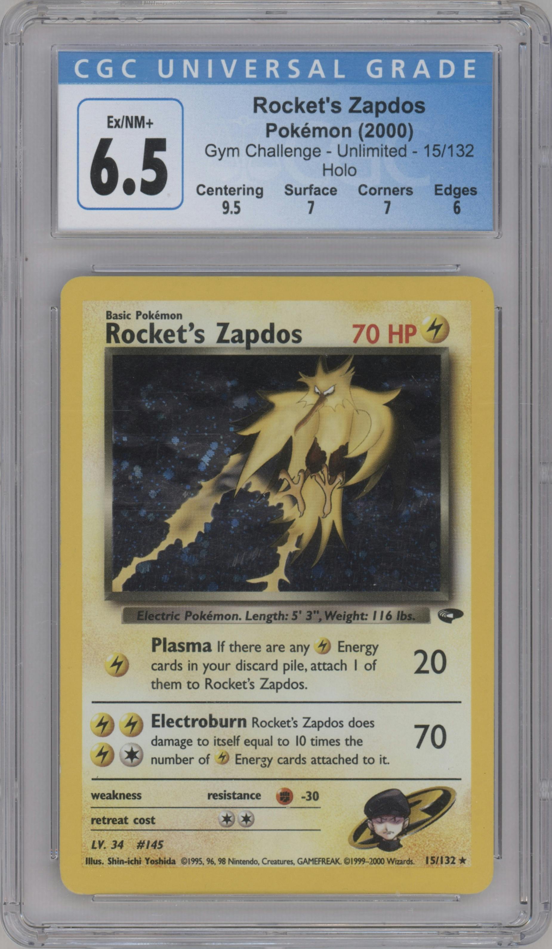 Rocket's Zapdos from the 2000 Pokemon GH set graded by CSG and given an overall grade of 6.5.