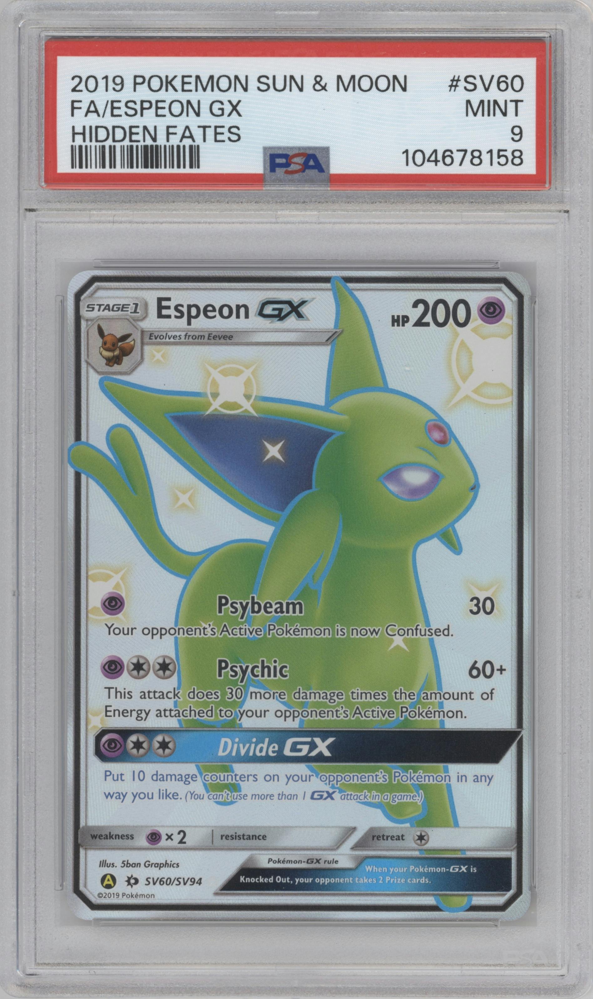 Espeon GX from the 2019 Pokemon S&M  set graded by PSA and given an overall grade of 9.
