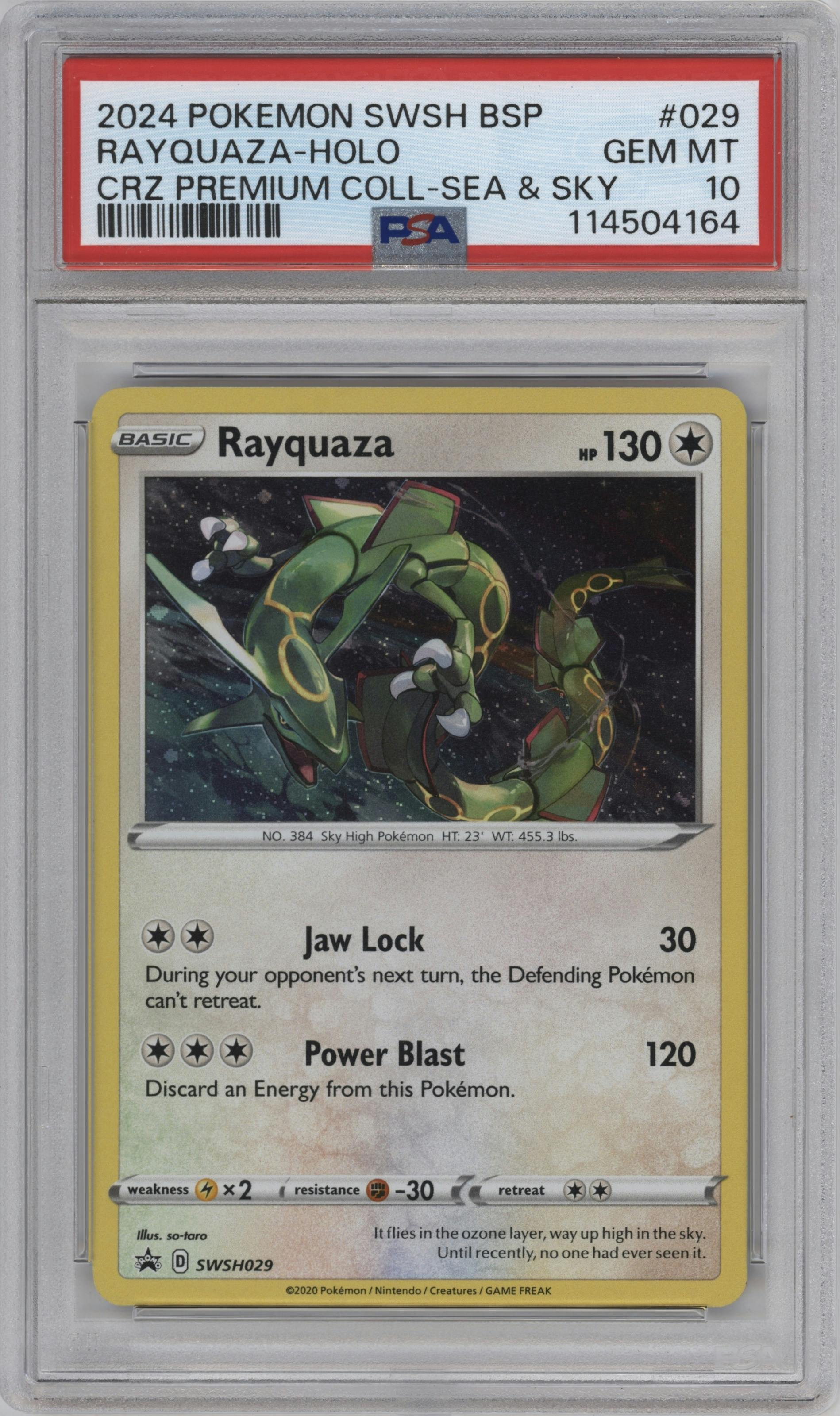 Rayquaza from the 2020 Pokemon SWSH set featuring a 2024 Crown Zenith Premium Collection Sea & Sky parallel graded by PSA and given an overall grade of 10.