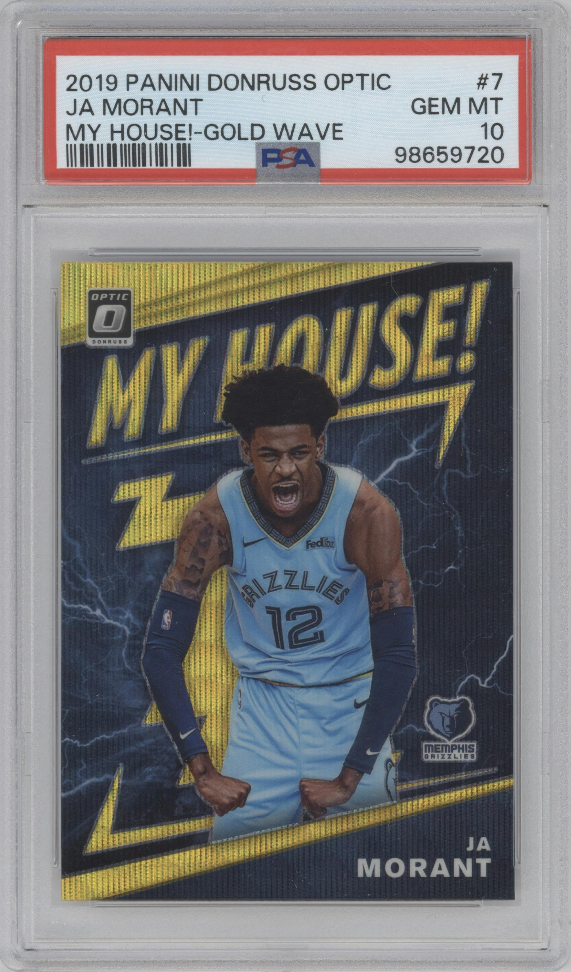 Ja Morant from the 2019-20 Panini Donruss Optic set featuring a Gold Wave parallel graded by PSA and given an overall grade of 10.