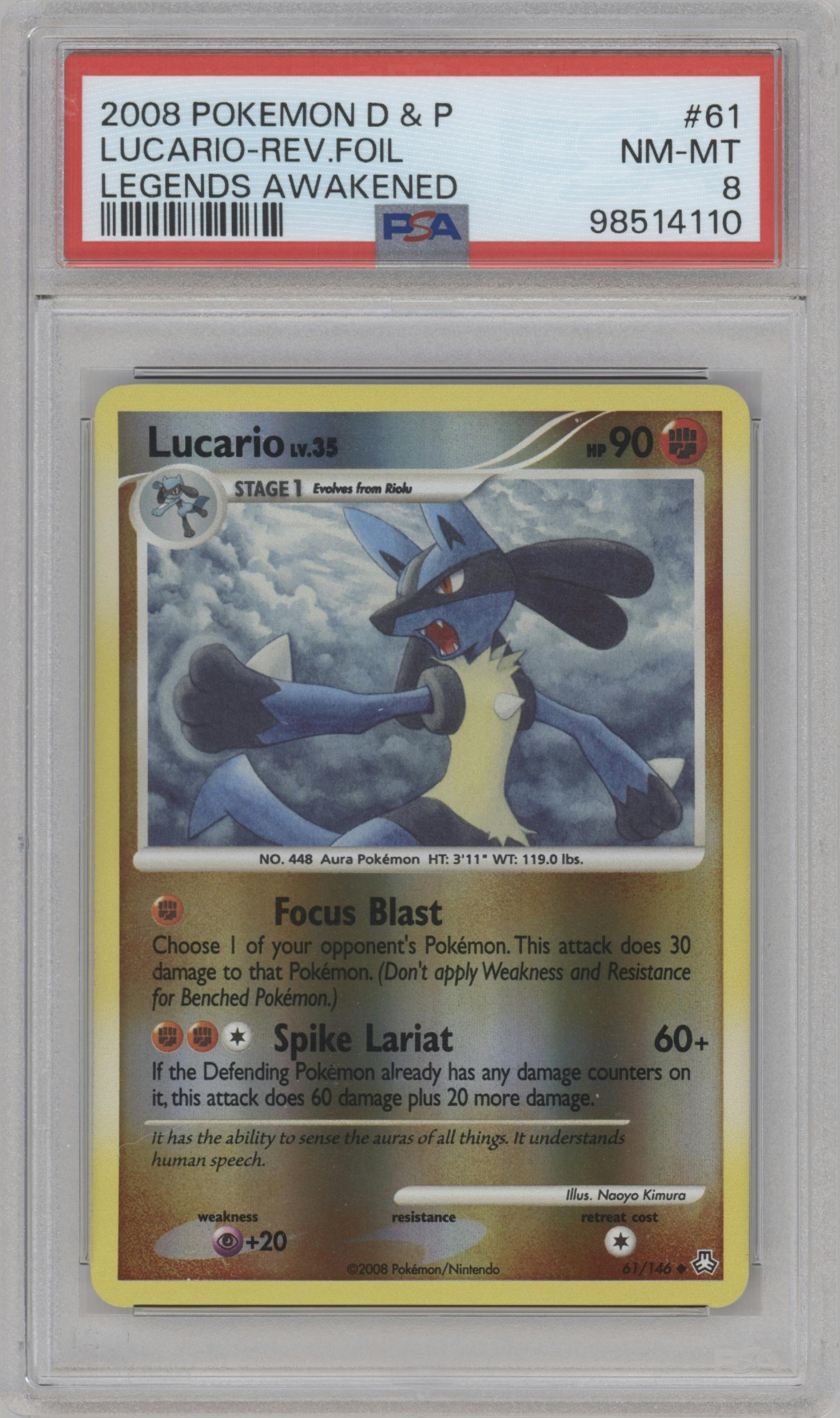 Lucario from the 2008 Pokemon D&P set graded by PSA and given an overall grade of 8.