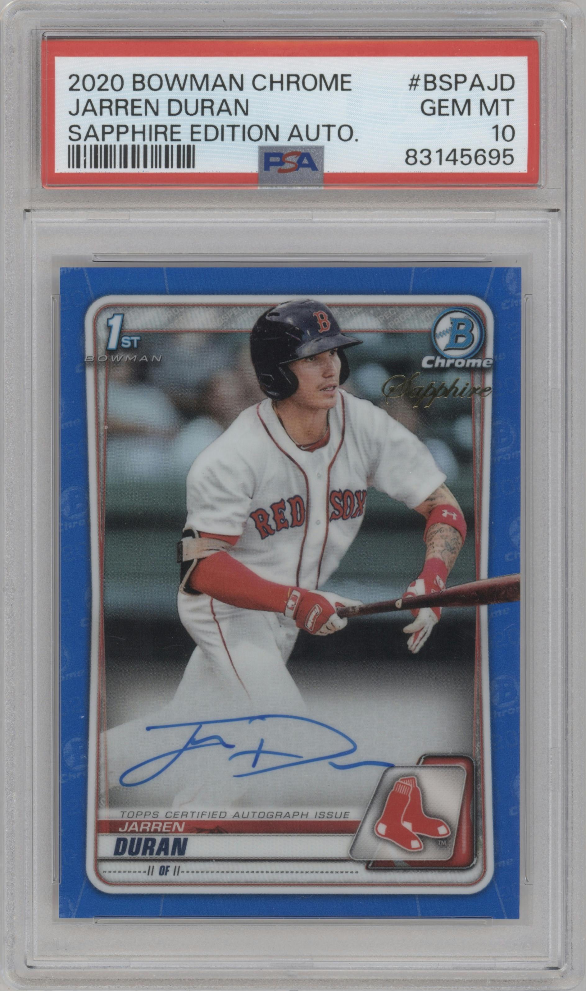 Jarren Duran from the 2020 Bowman Sapphire Edition set graded by PSA and given an overall grade of 10.