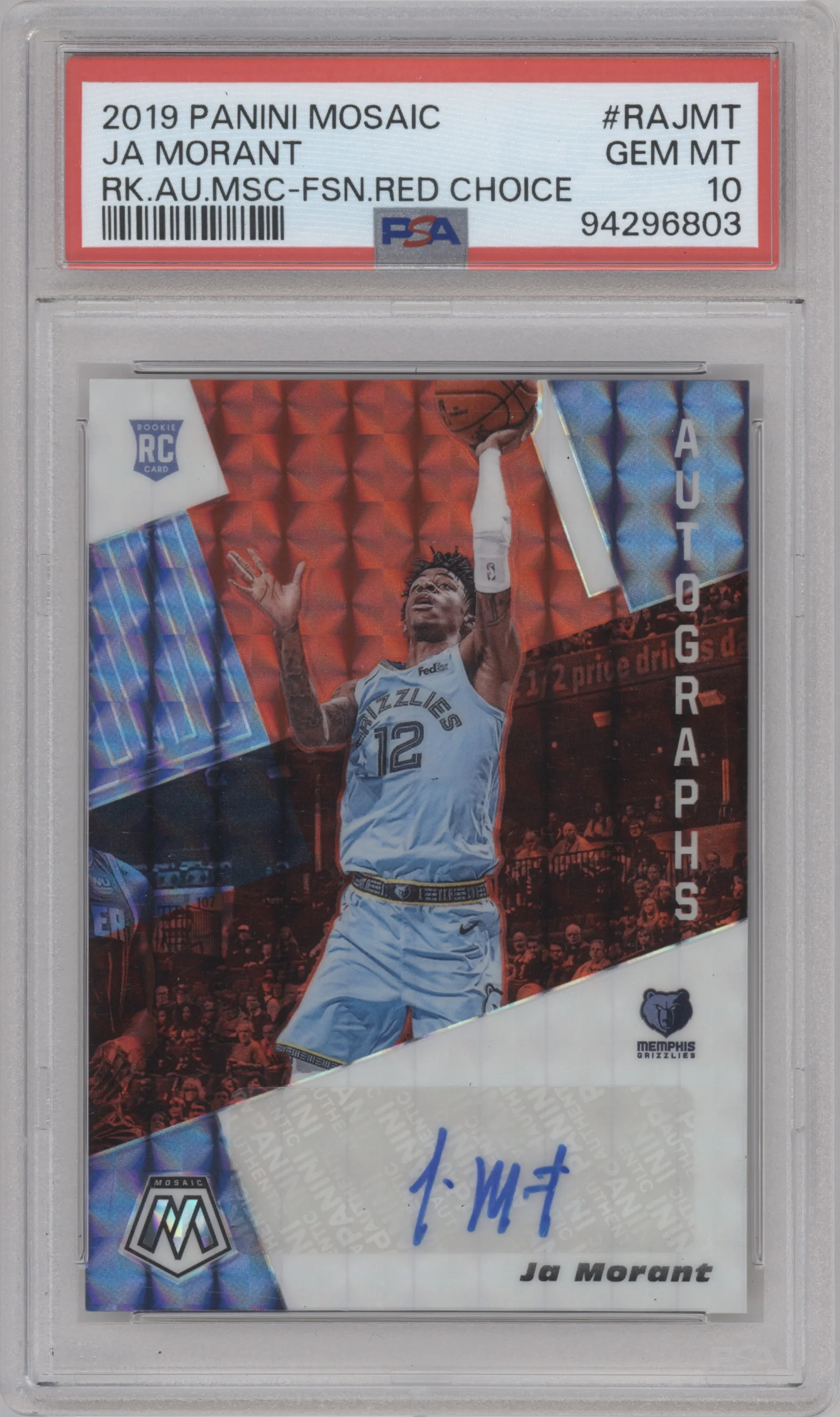 2019 Panini Mosaic Rke.Auto Ja Morant Choice Fusion Red PSA 10