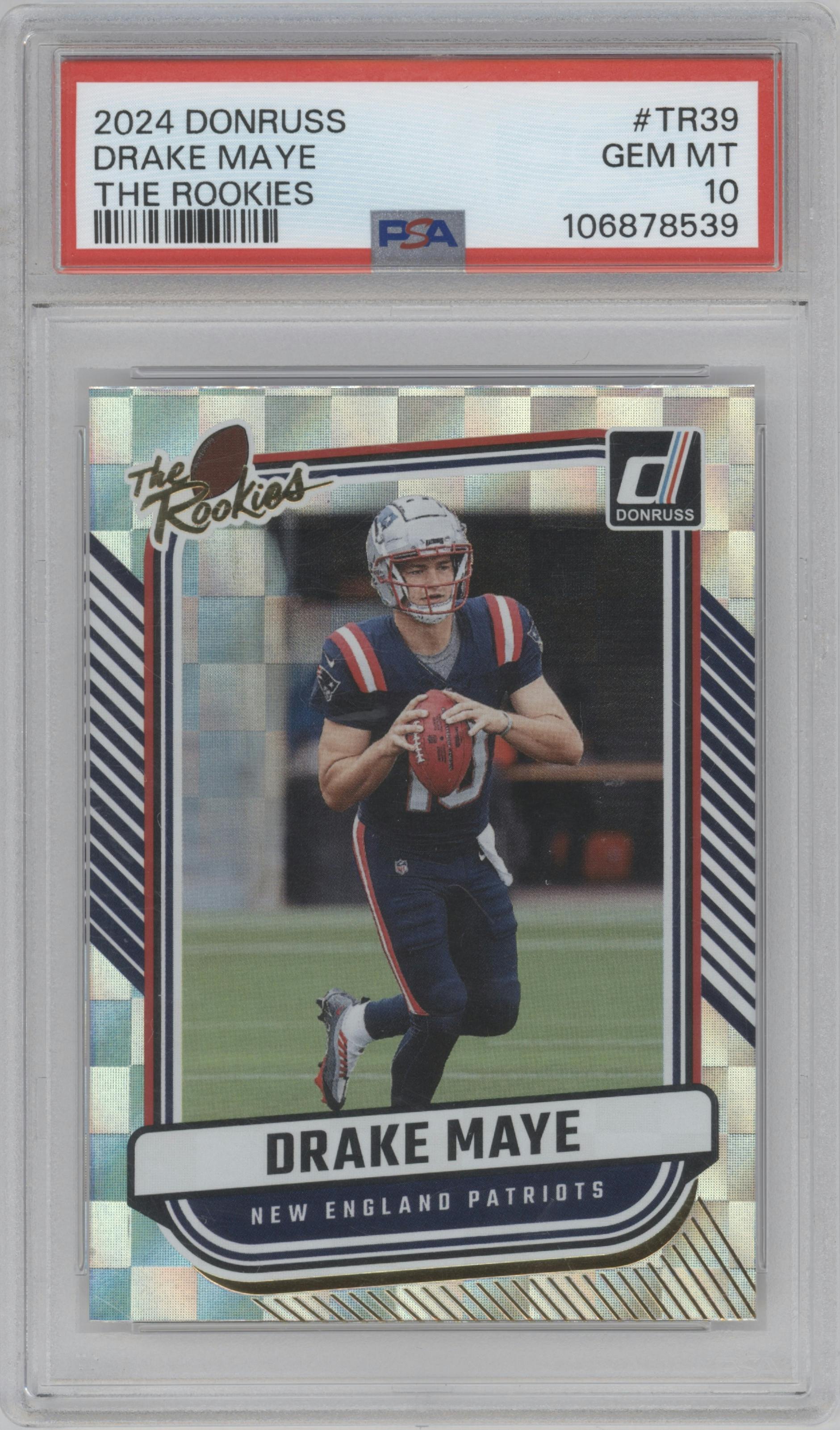 Drake Maye from the 2024 Donruss set graded by PSA and given an overall grade of 10.