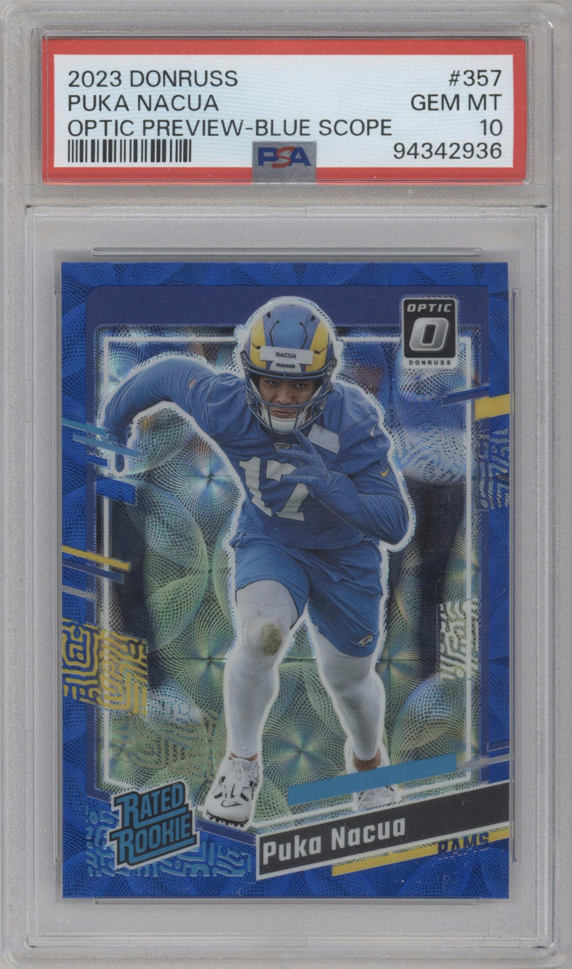 Puka Nacua from the 2023 Panini Donruss set featuring a Blue Scope parallel graded by PSA and given an overall grade of 10.