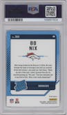 Bo Nix from the 2024 Donruss set featuring a Red and Green parallel graded by PSA and given an overall grade of 10.