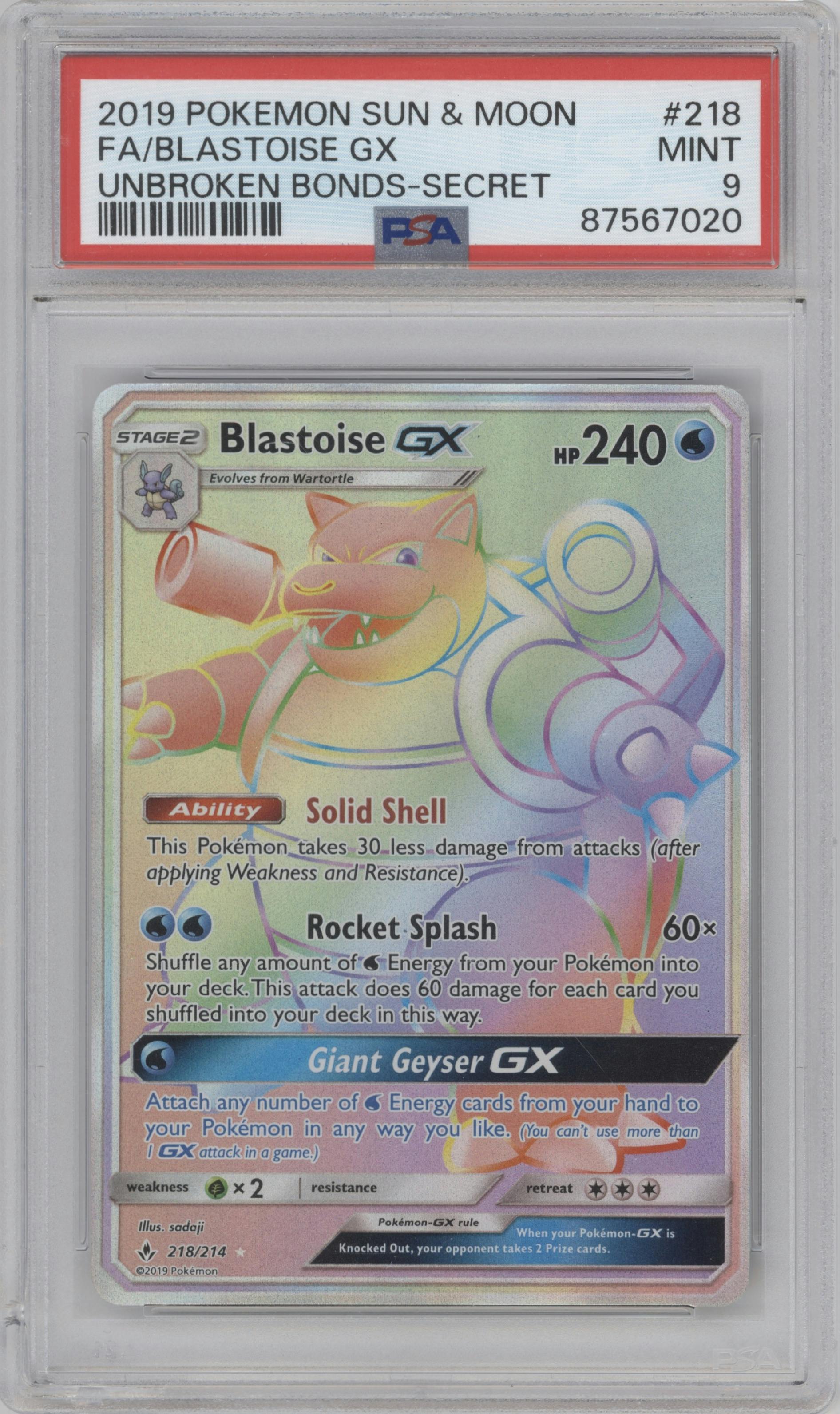 Blastoise GX from the 2019 Pokemon S&M  set graded by PSA and given an overall grade of 9.