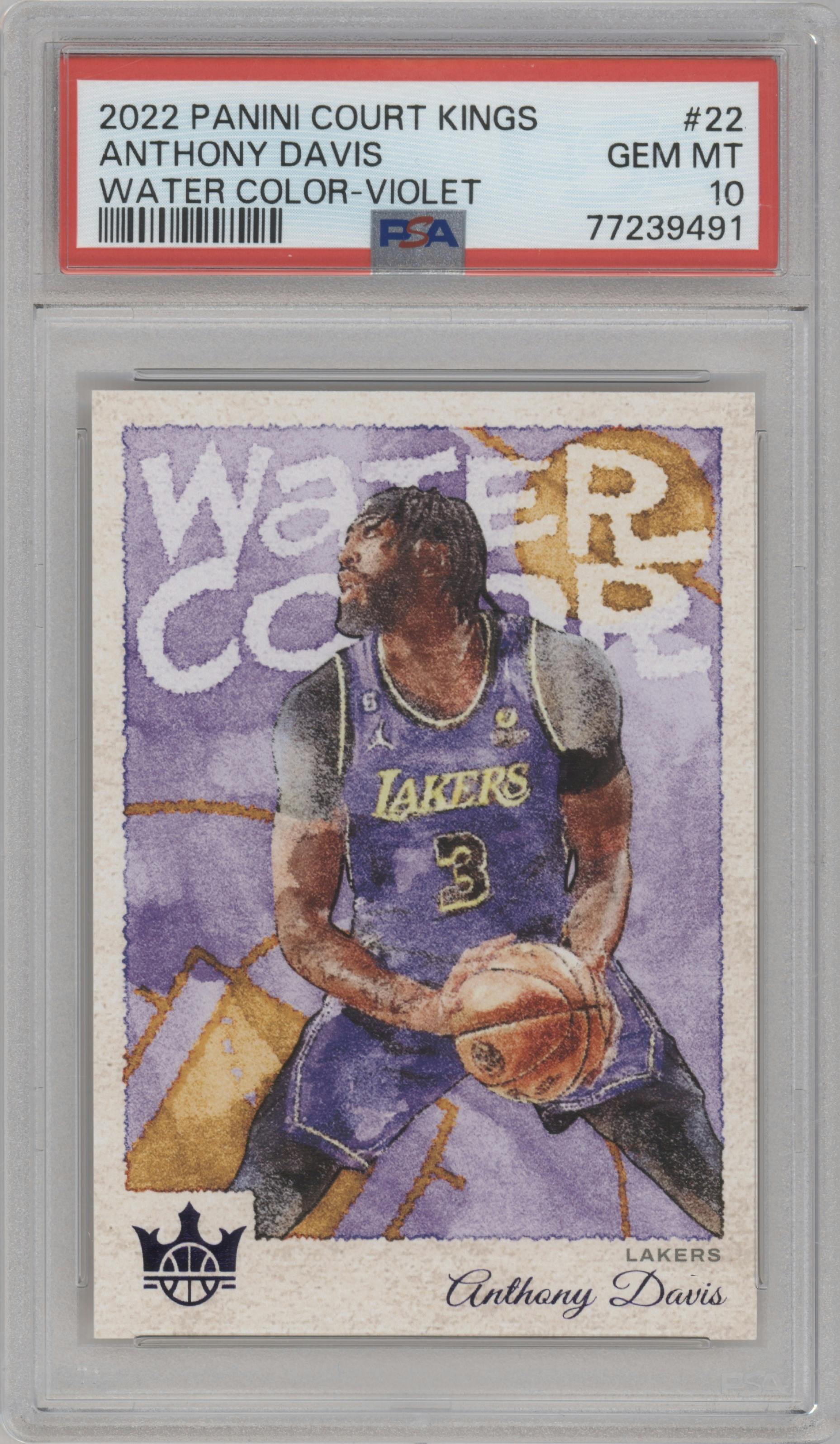 Anthony Davis from the 2022-23 Panini Court Kings set featuring a Violet parallel graded by PSA and given an overall grade of 10.