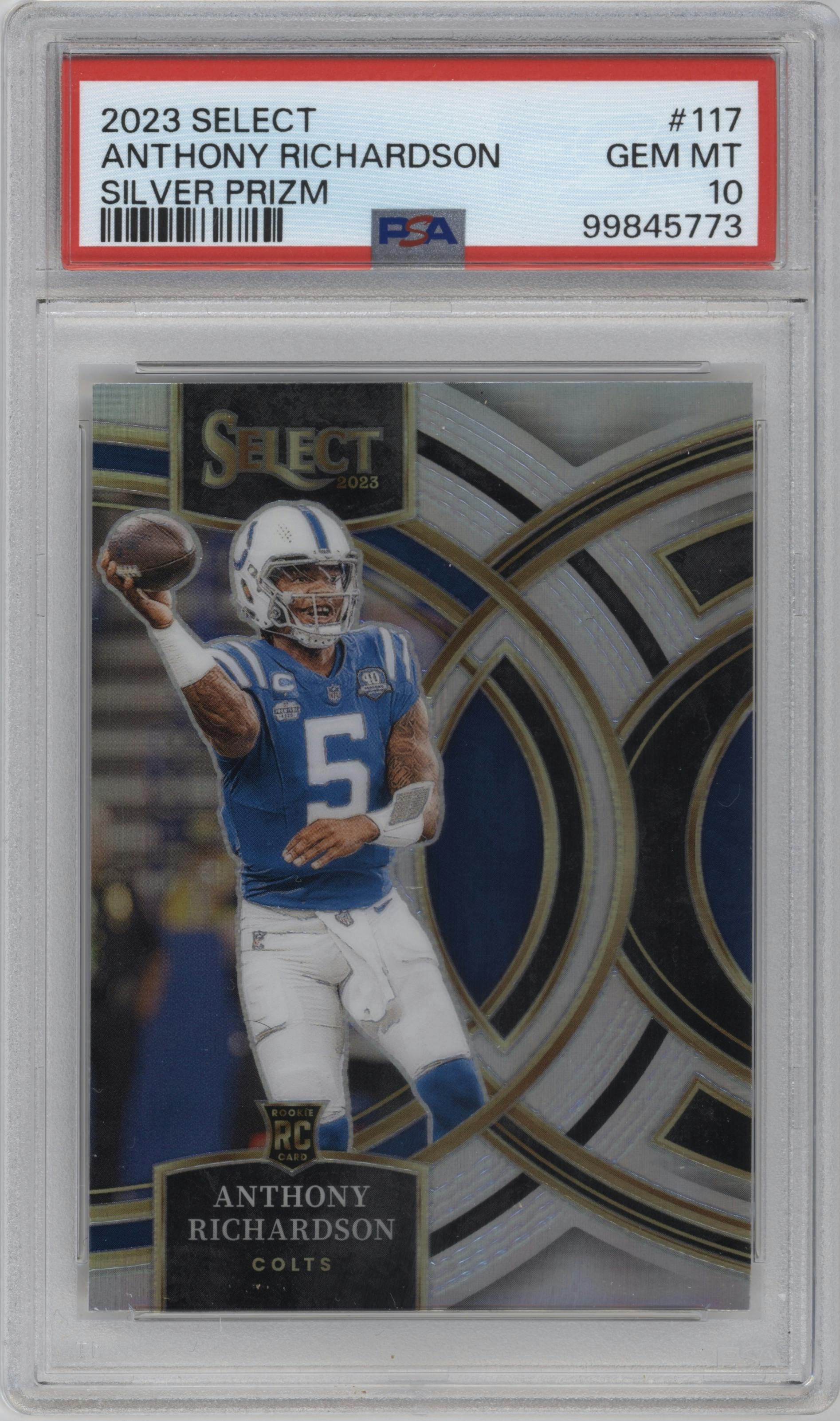  Anthony Richardson  from the 2023 Panini Select set featuring a Silver Prizm parallel graded by PSA and given an overall grade of 10.