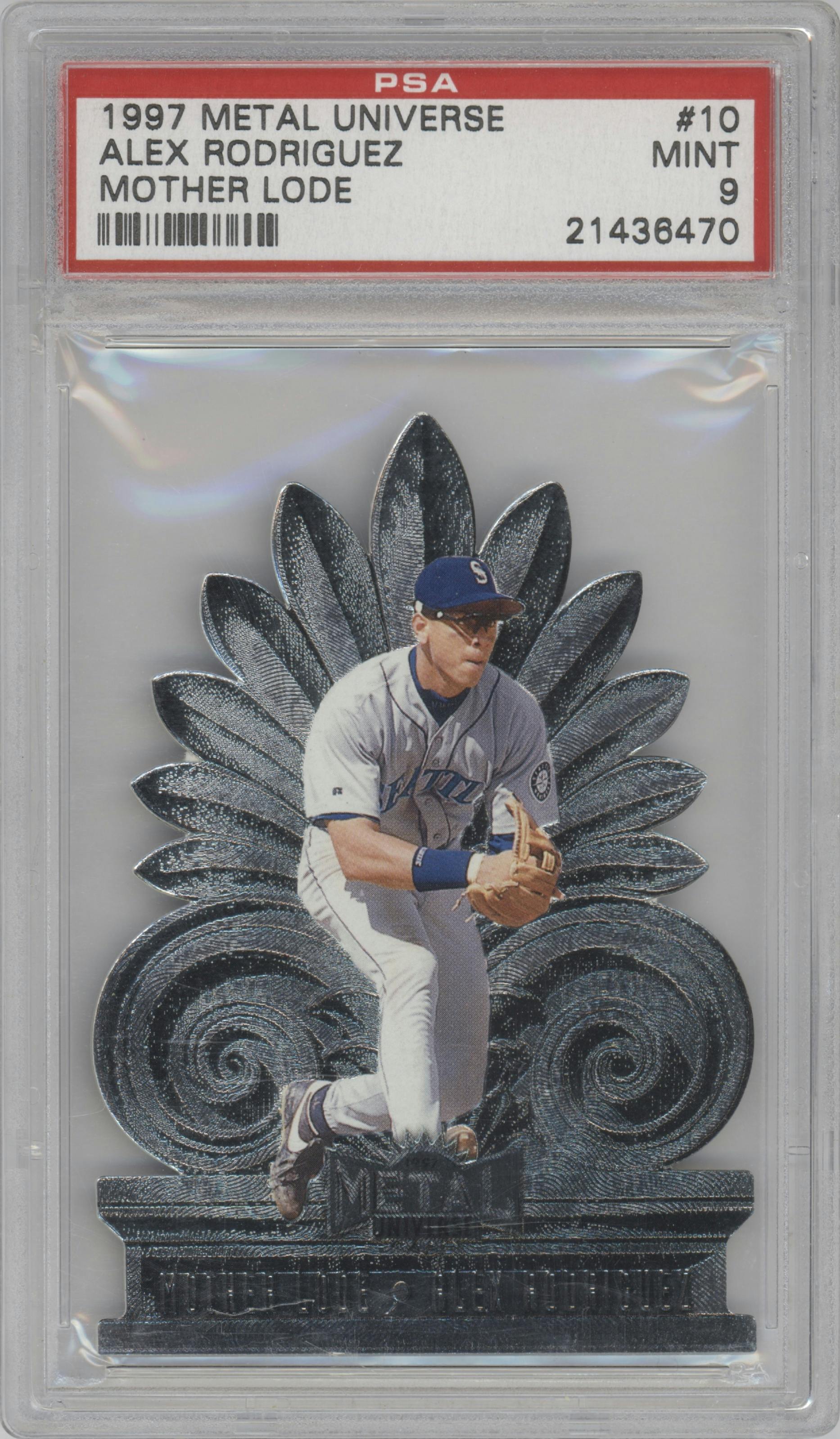 Alex Rodriguez from the 1997 Fleer Metal Universe set graded by PSA and given an overall grade of 9.