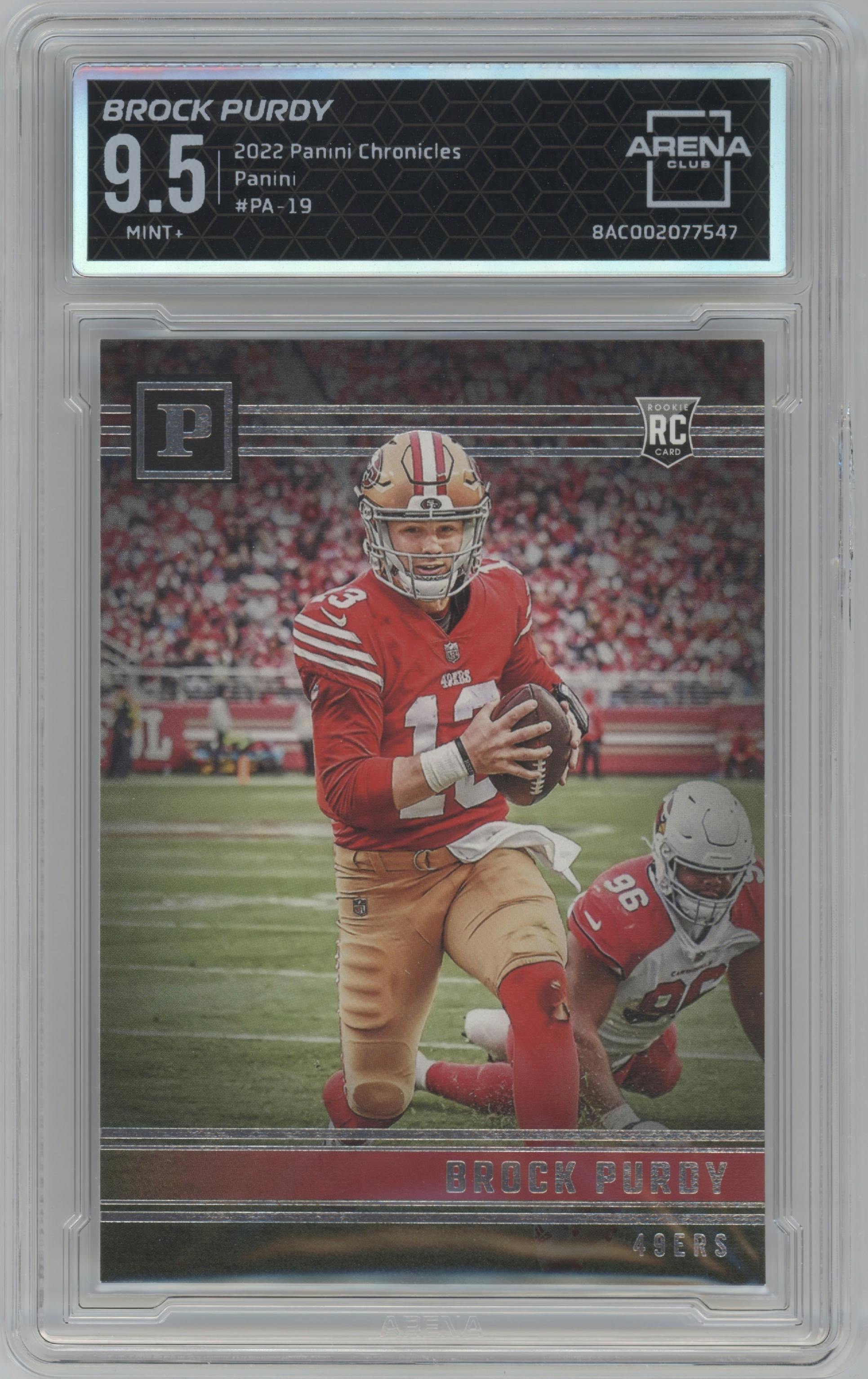 Brock Purdy from the 2022 Panini Chronicles set graded by Arena Club and given an overall grade of 9.5.