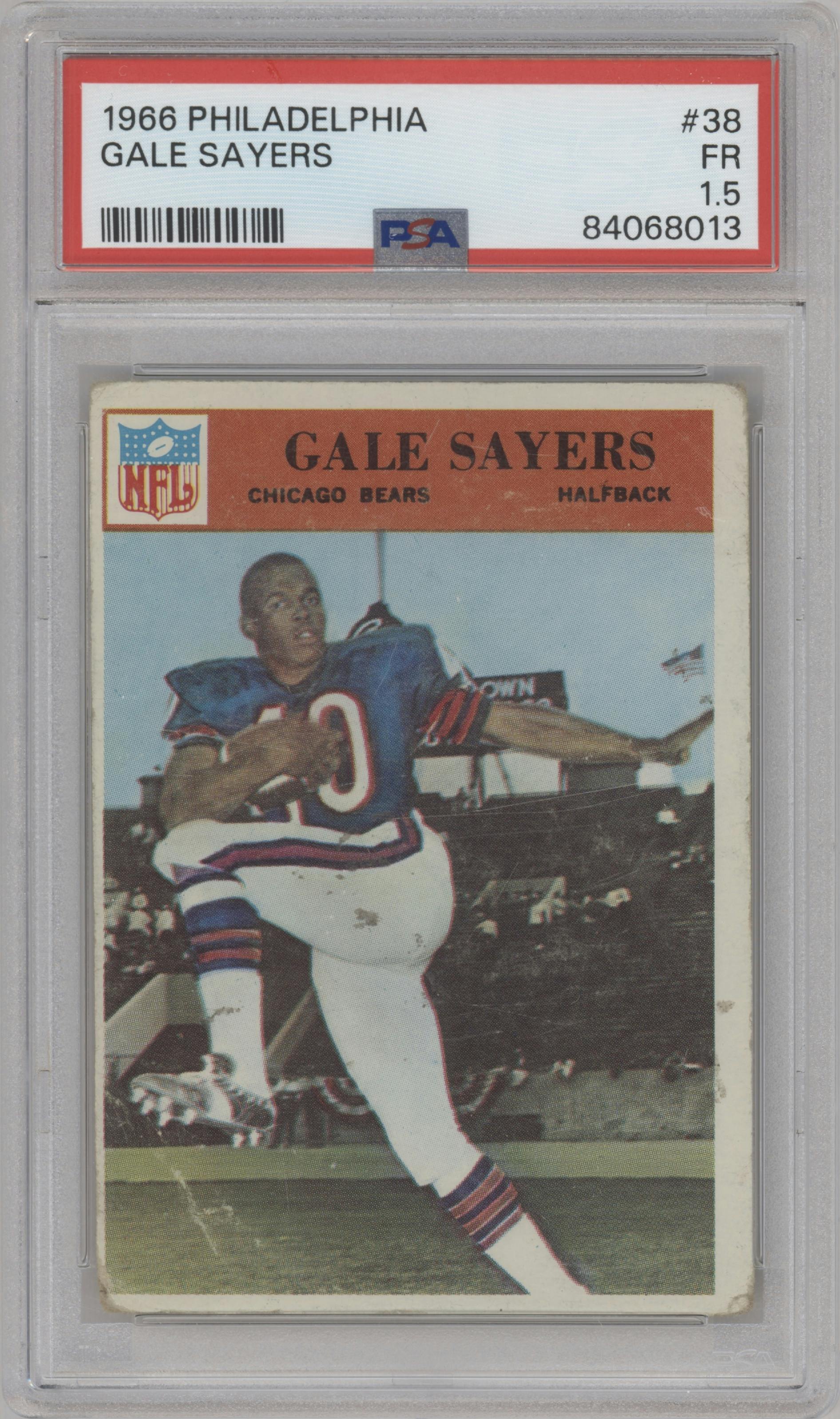 Gale Sayers from the 1966 Philadelphia set graded by PSA and given an overall grade of 1.5.