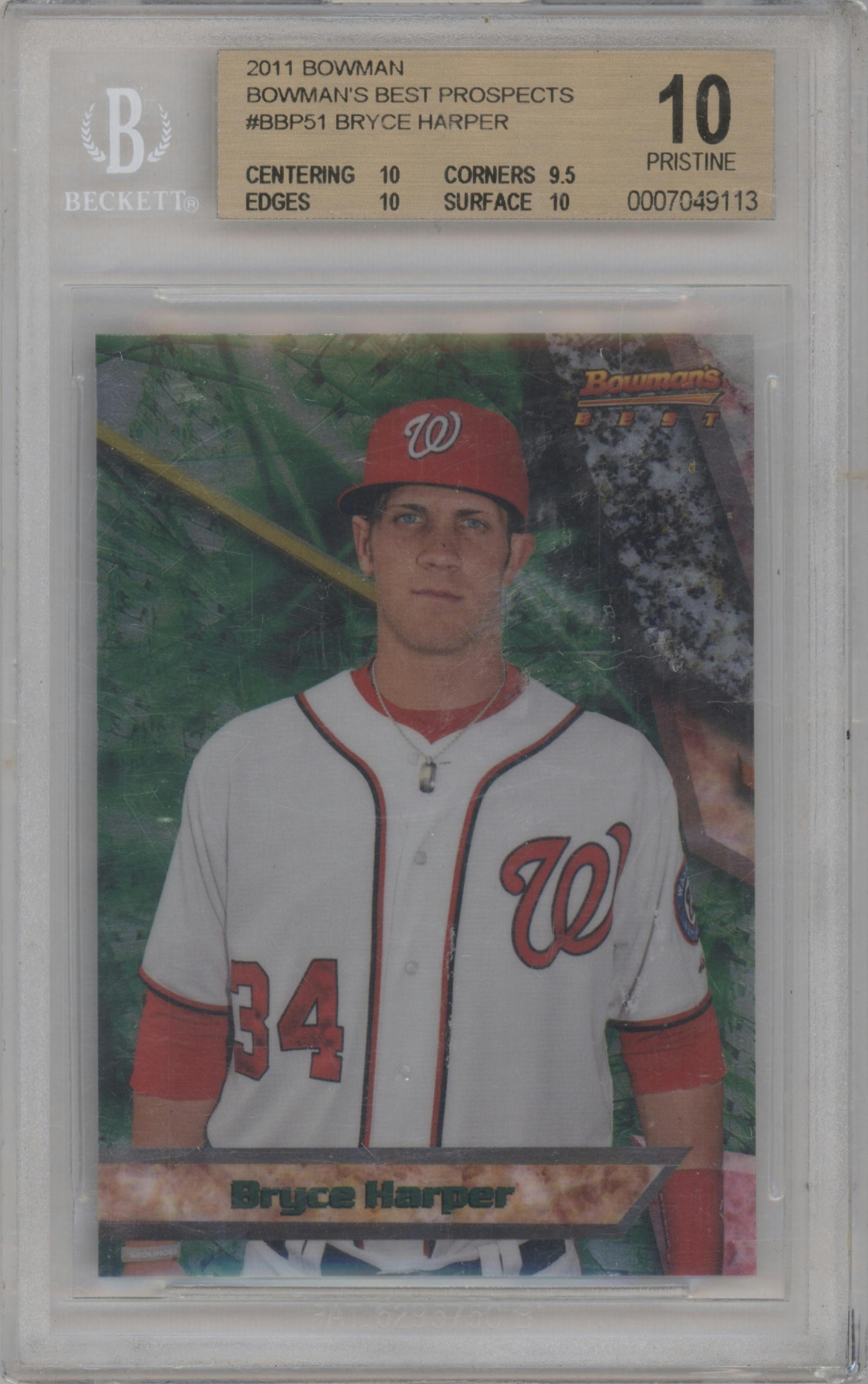 Bryce Harper from the 2011 Bowman Chrome set graded by Beckett and given an overall grade of 10.