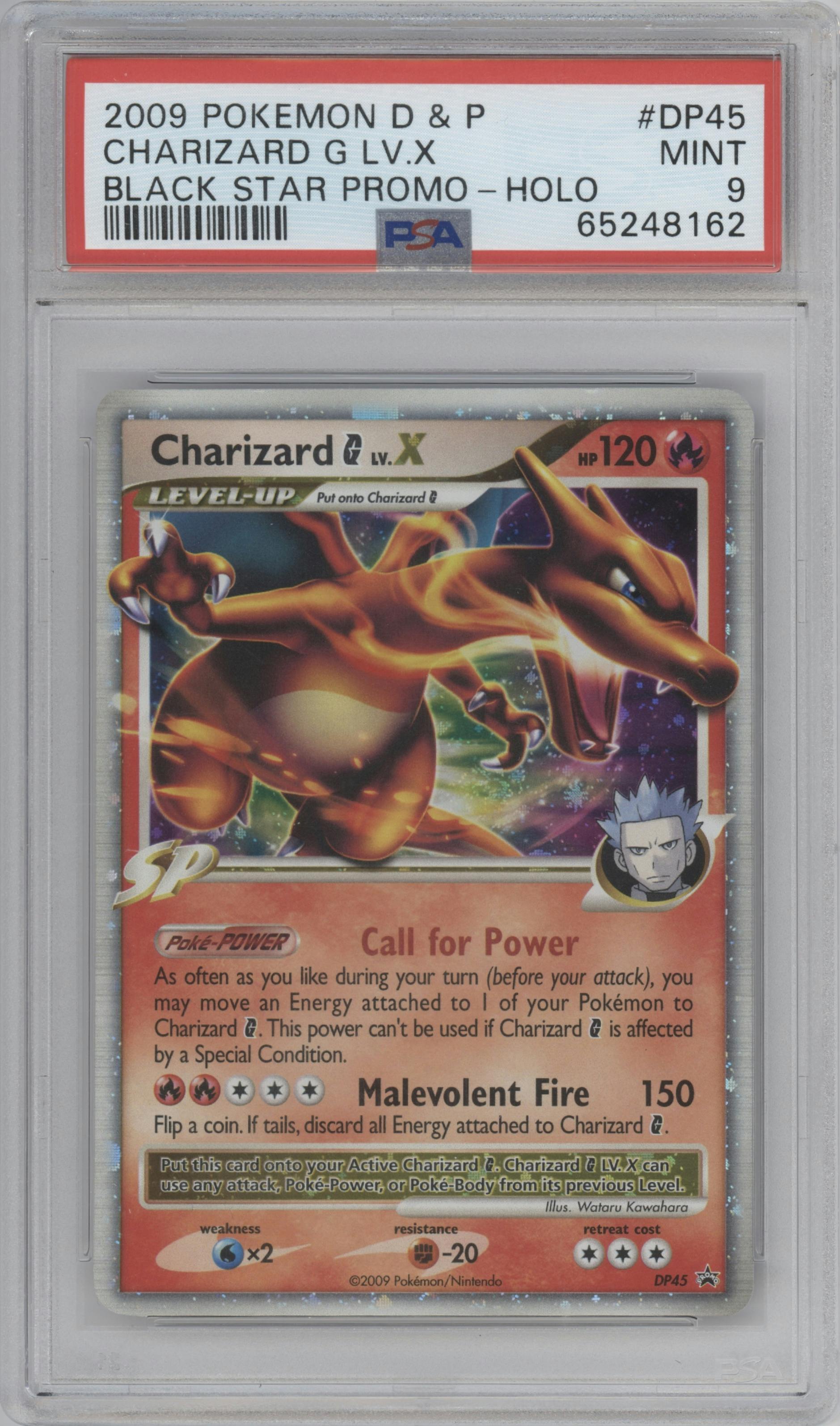 Charizard G LV.X from the 2009 Pokemon D&P set featuring a Fall 2009 Collector's Tins parallel graded by PSA and given an overall grade of 9.