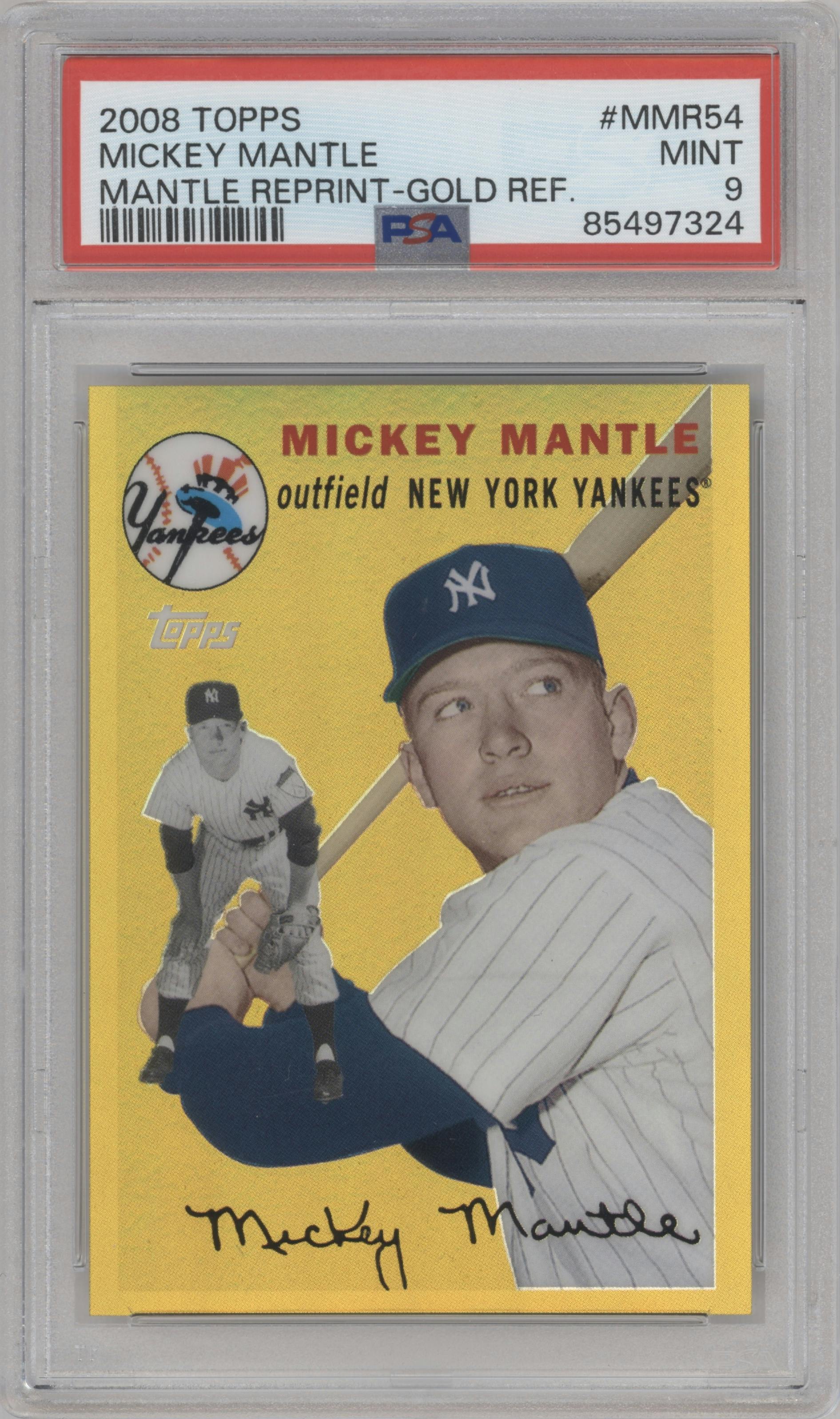 Mickey Mantle from the 2008 Topps set featuring a Gold Refractor parallel graded by PSA and given an overall grade of 9.