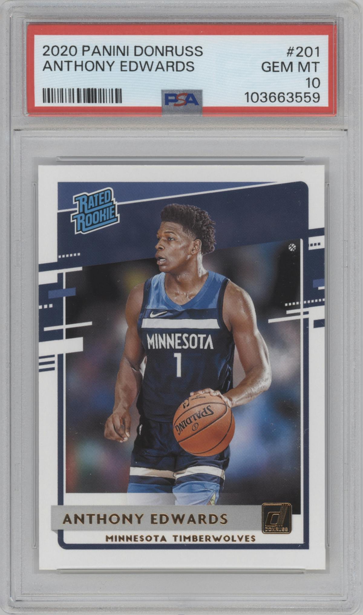 Anthony Edwards from the 2020-21 Panini Donruss set graded by PSA and given an overall grade of 10.