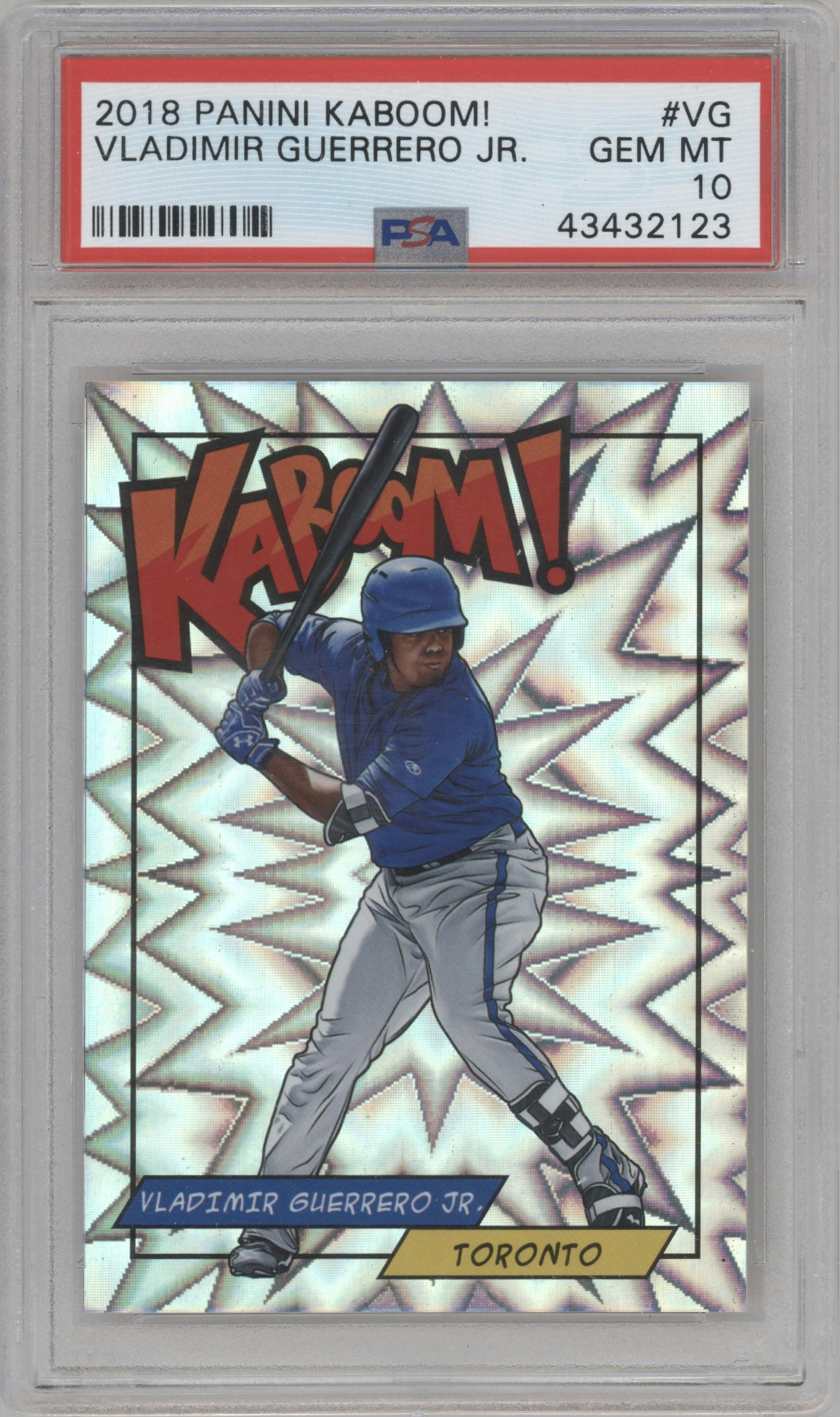 Vladimir Guerrero Jr. from the 2018 Panini Kaboom Rewards Multi-Sport set graded by PSA and given an overall grade of 10.