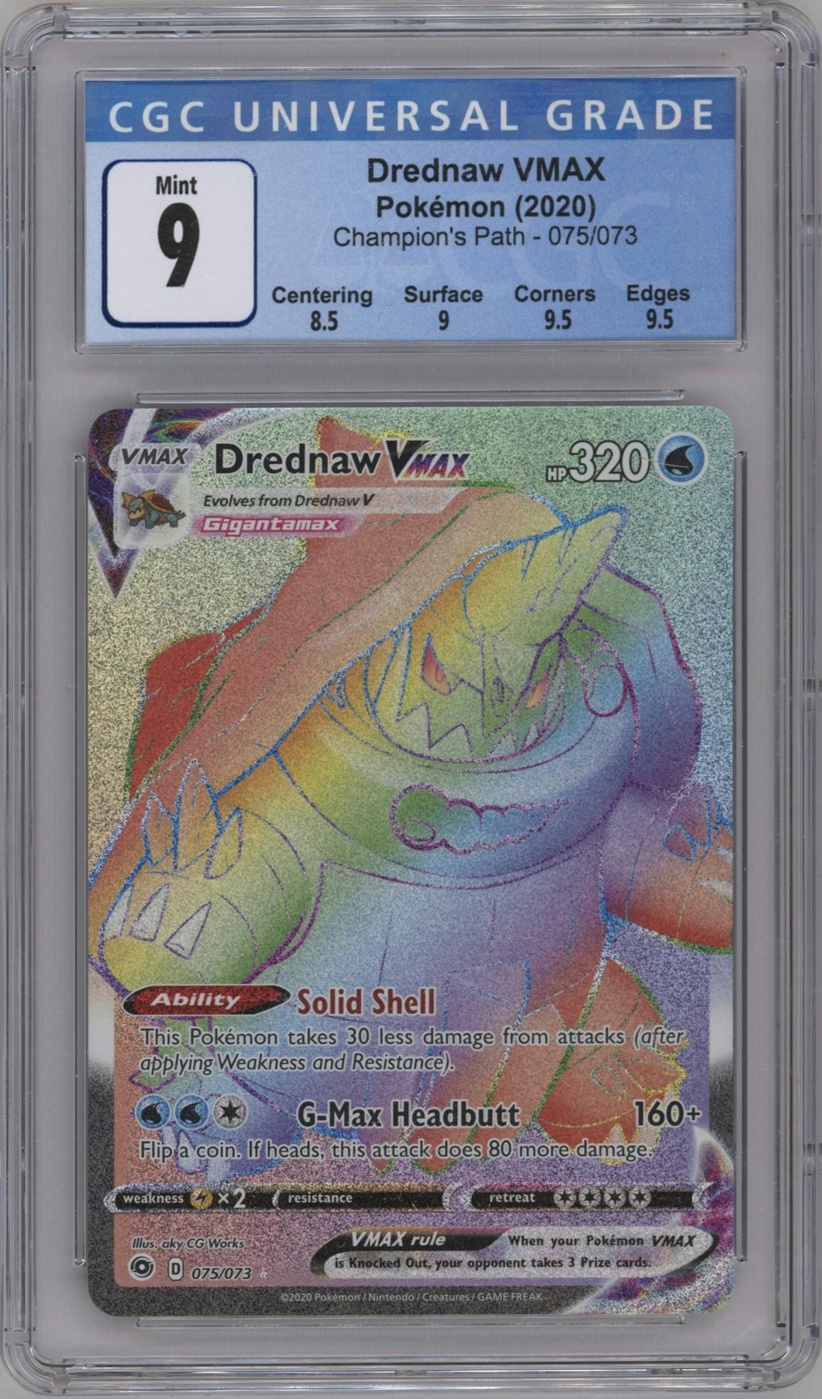 Drednaw VMAX from the 2020 Pokemon SWSH set graded by CSG and given an overall grade of 9.