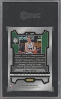 Larry Bird from the 2023-24 Panini Prizm set featuring a Green Prizm parallel graded by SGC and given an overall grade of 9.5.