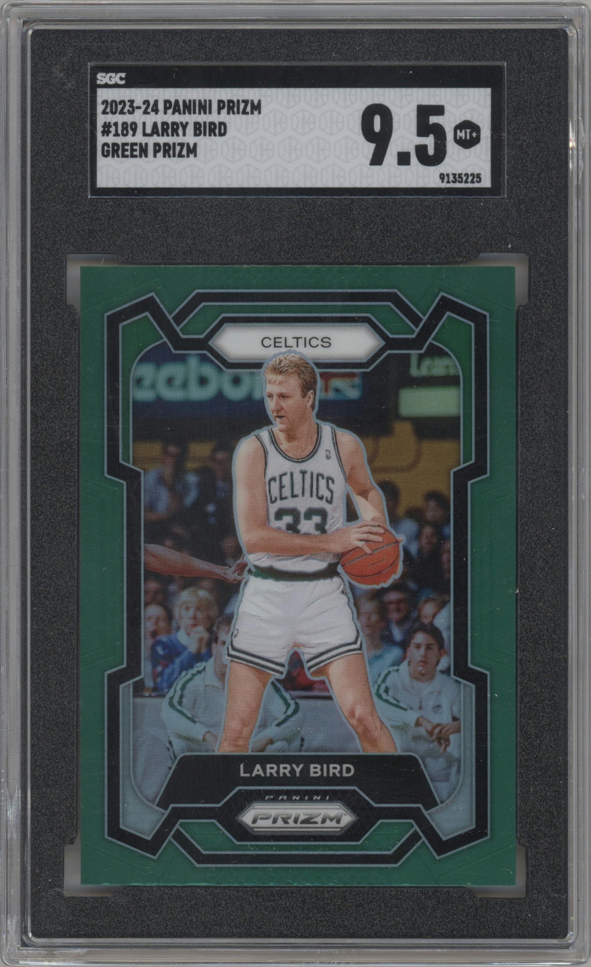 Larry Bird from the 2023-24 Panini Prizm set featuring a Green Prizm parallel graded by SGC and given an overall grade of 9.5.
