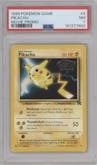 Pikachu from the 1999 Pokemon set featuring a Movie Promo parallel graded by PSA and given an overall grade of 7.