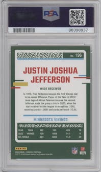 Justin Joshua Jefferson from the 2023 Panini Donruss set graded by PSA and given an overall grade of 10.