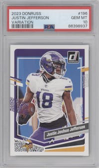 Justin Joshua Jefferson from the 2023 Panini Donruss set graded by PSA and given an overall grade of 10.