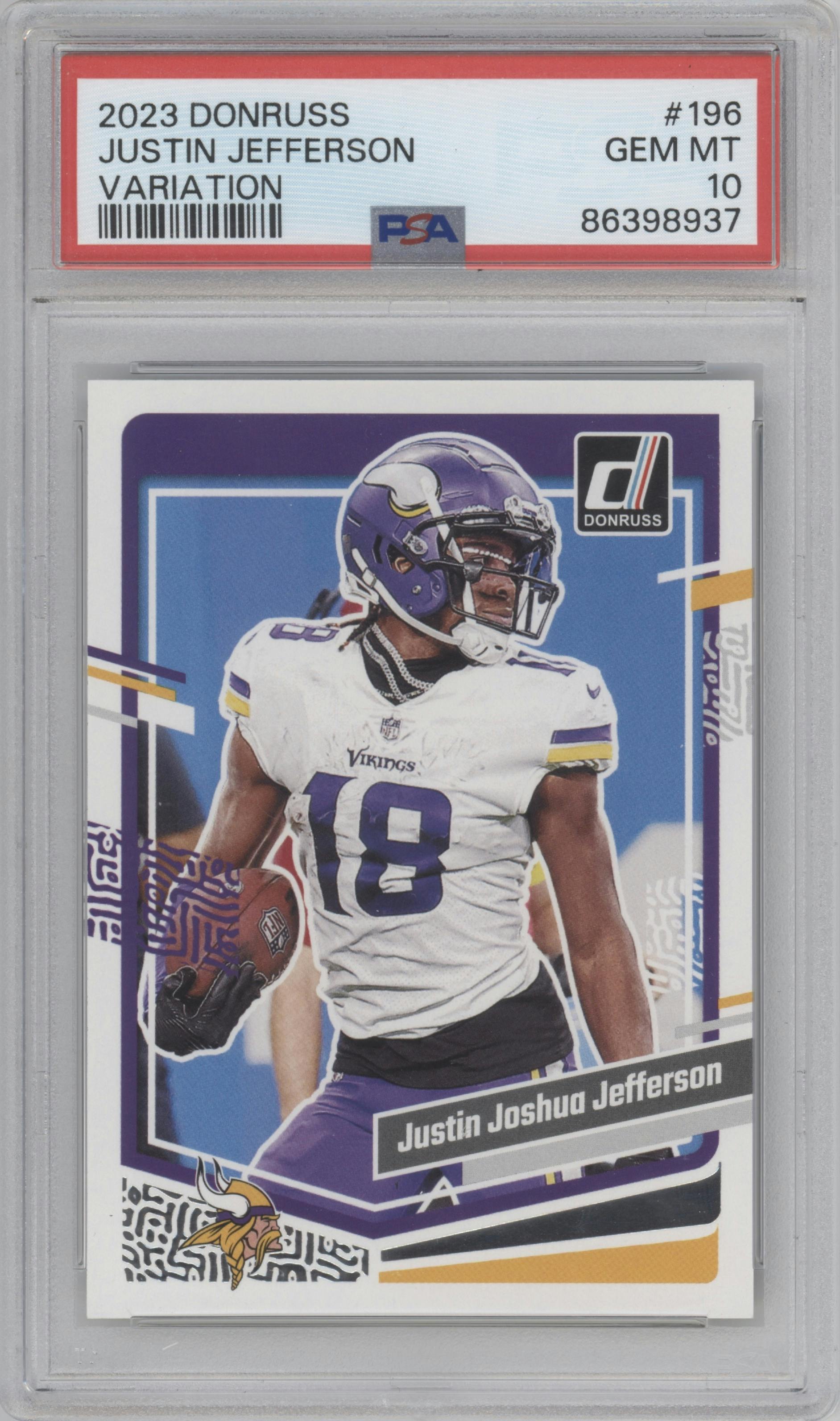 Justin Joshua Jefferson from the 2023 Panini Donruss set graded by PSA and given an overall grade of 10.