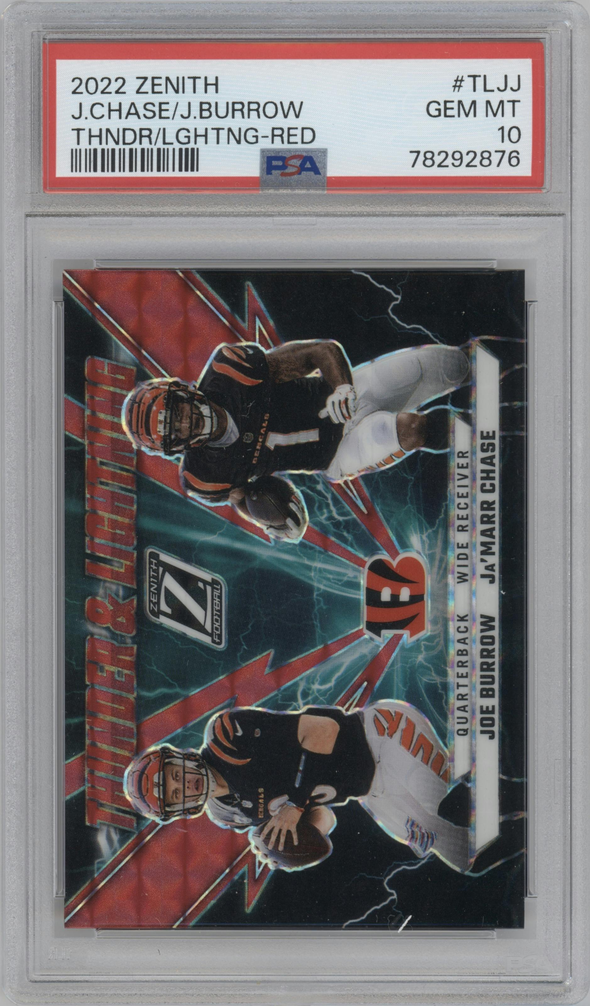 Joe Burrow/Ja'Marr Chase from the 2022 Panini Zenith set featuring a Red Prizm parallel graded by PSA and given an overall grade of 10.