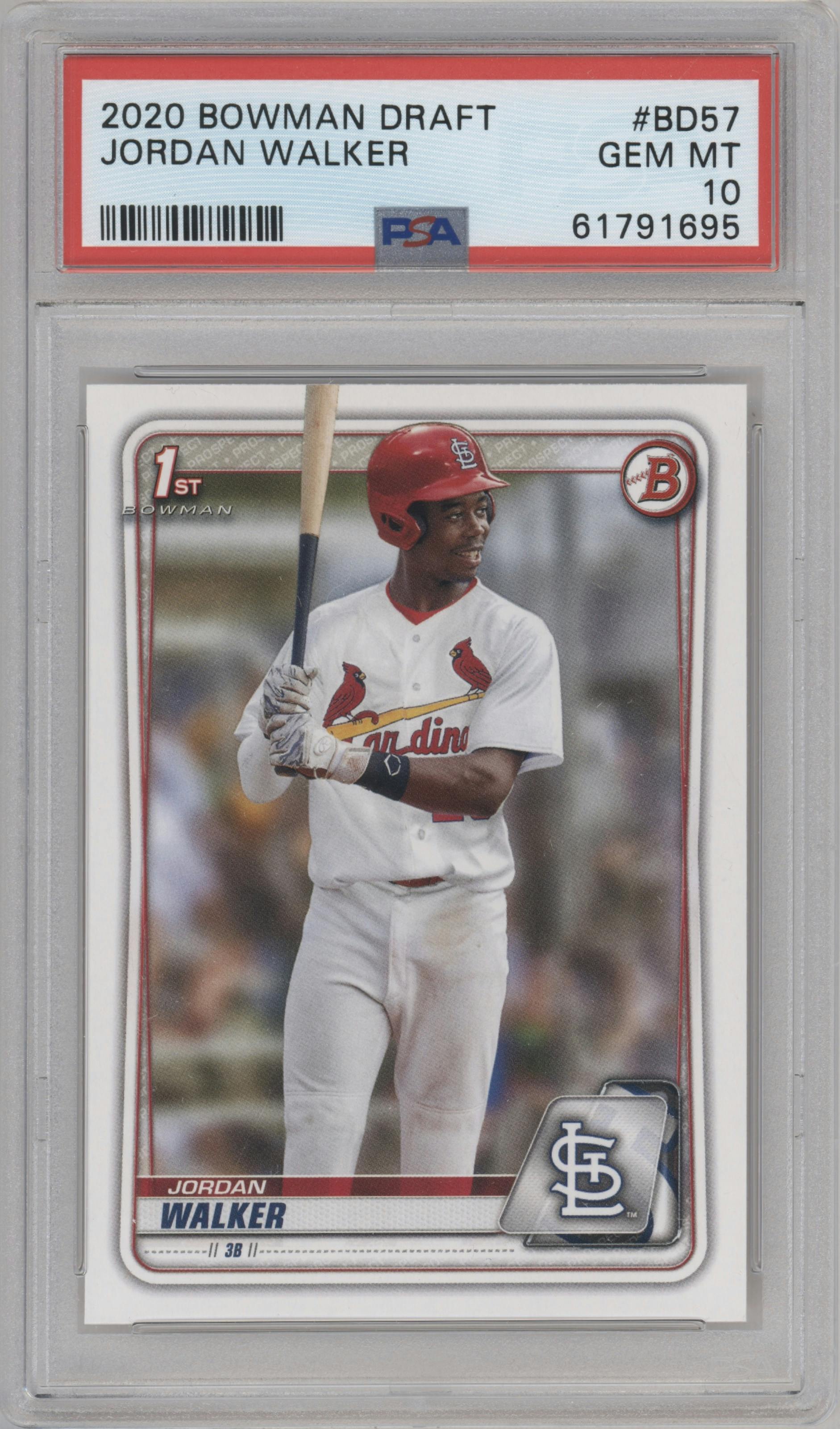Jordan Walker from the 2020 Bowman Draft set graded by PSA and given an overall grade of 10.