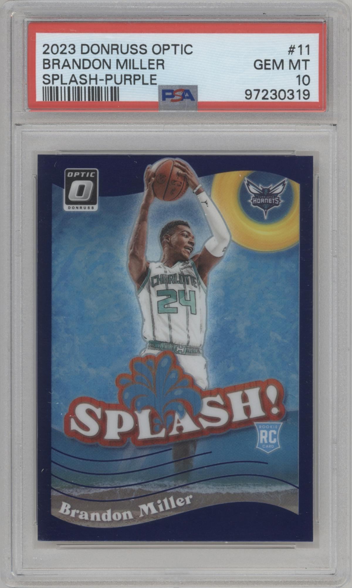 Brandon Miller from the 2023-24 Donruss Optic set featuring a Purple parallel graded by PSA and given an overall grade of 10.