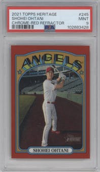 Shohei Ohtani from the 2021 Topps Heritage set featuring a Red Refractor  parallel graded by PSA and given an overall grade of 9.