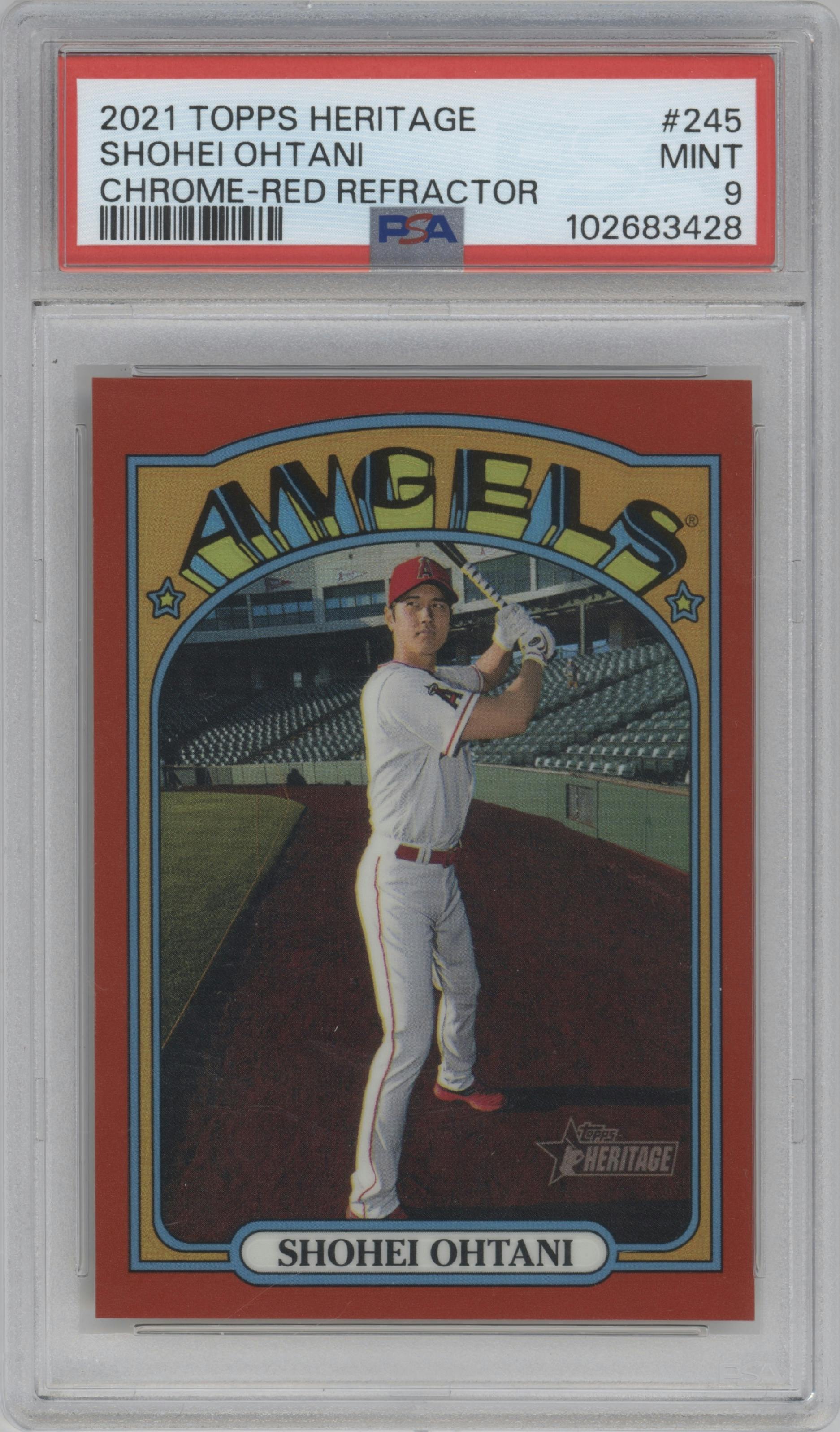 Shohei Ohtani from the 2021 Topps Heritage set featuring a Red Refractor  parallel graded by PSA and given an overall grade of 9.