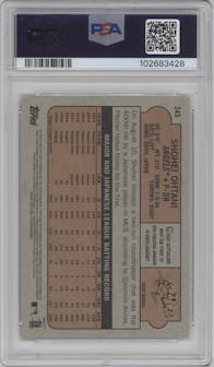 Shohei Ohtani from the 2021 Topps Heritage set featuring a Red Refractor  parallel graded by PSA and given an overall grade of 9.