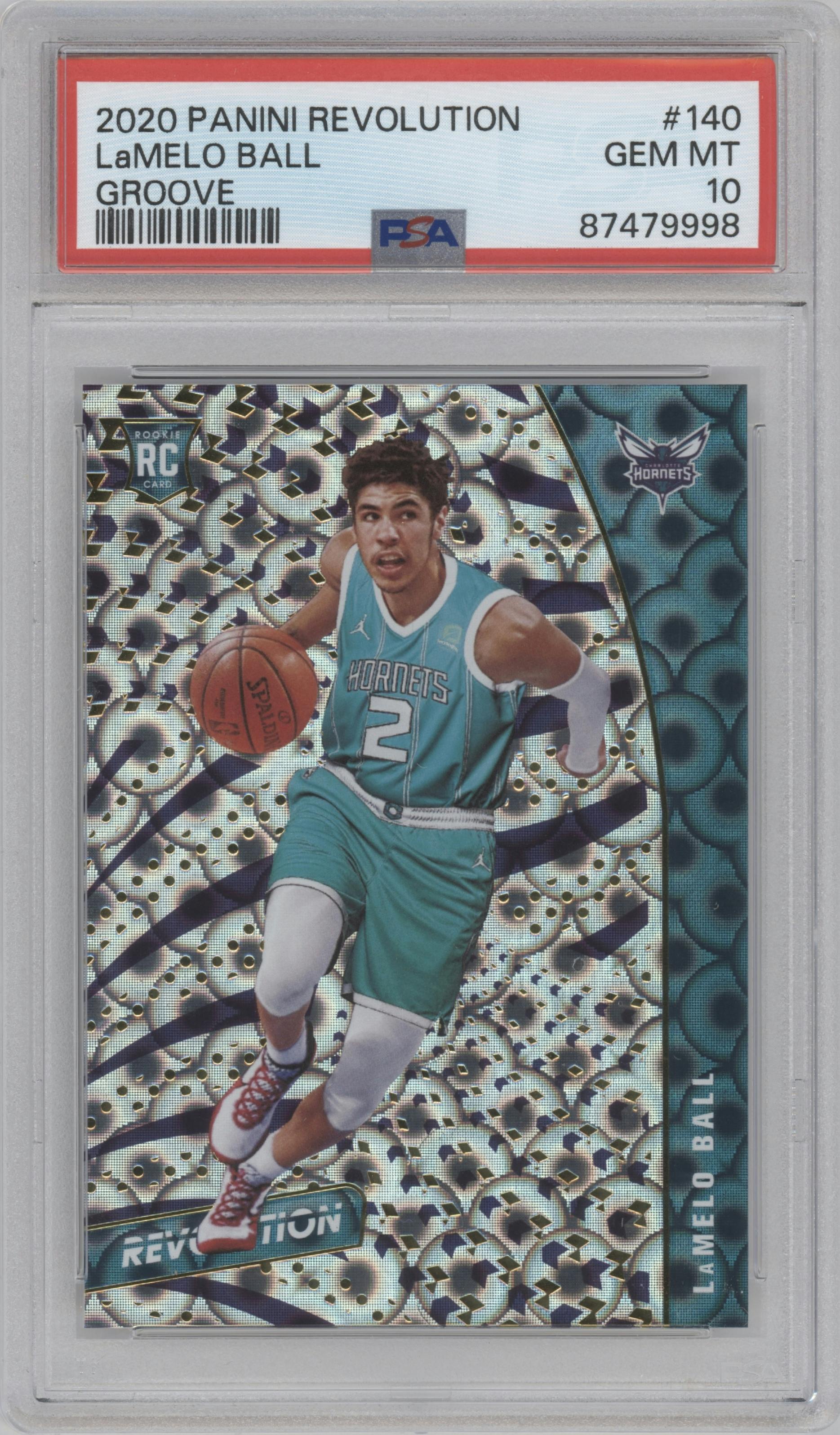 LaMelo Ball from the 2020-21 Panini Revolution set featuring a Groove parallel graded by PSA and given an overall grade of 10.