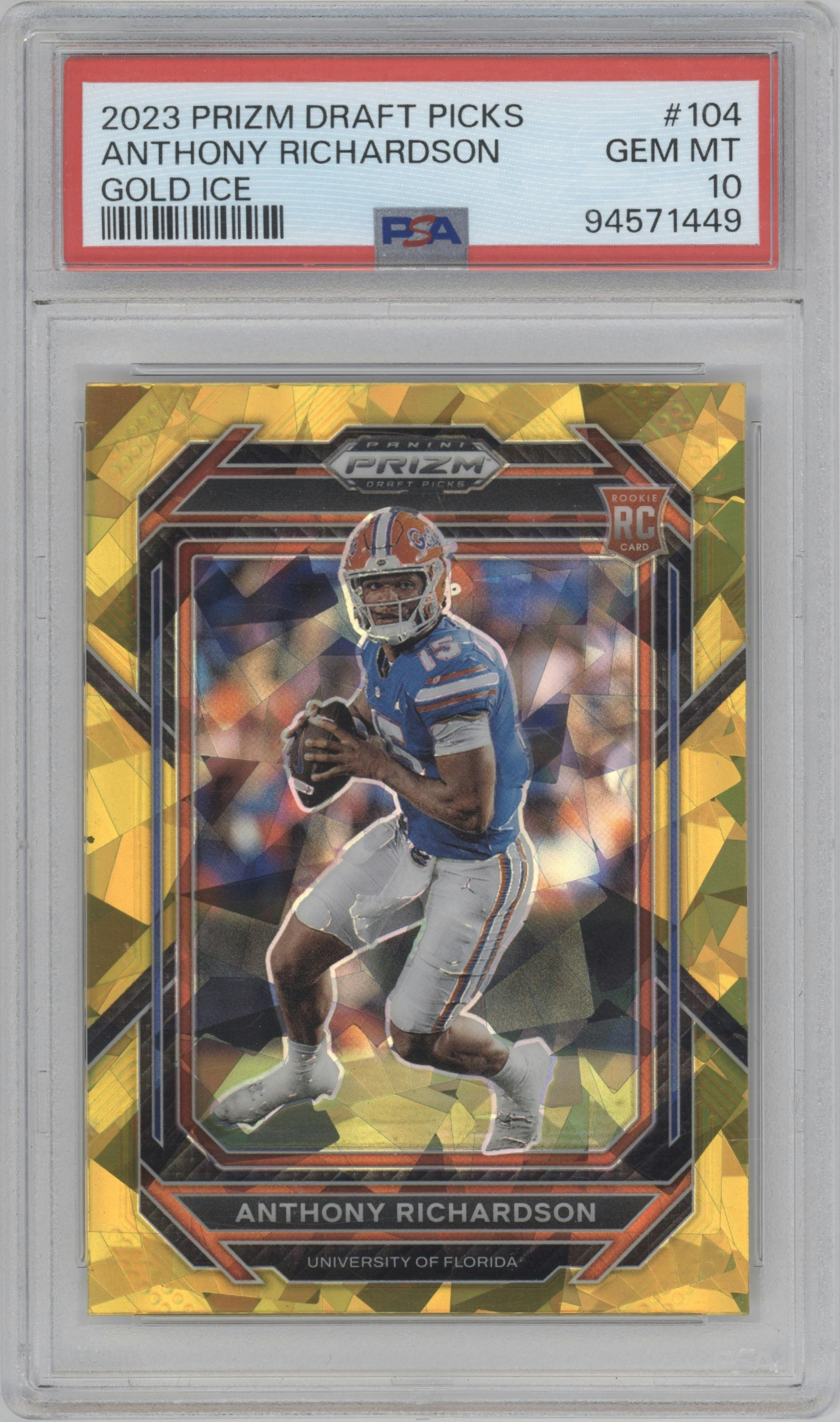 Anthony Richardson from the 2023 Panini Prizm Draft Picks set featuring a Gold Ice parallel graded by PSA and given an overall grade of 10.