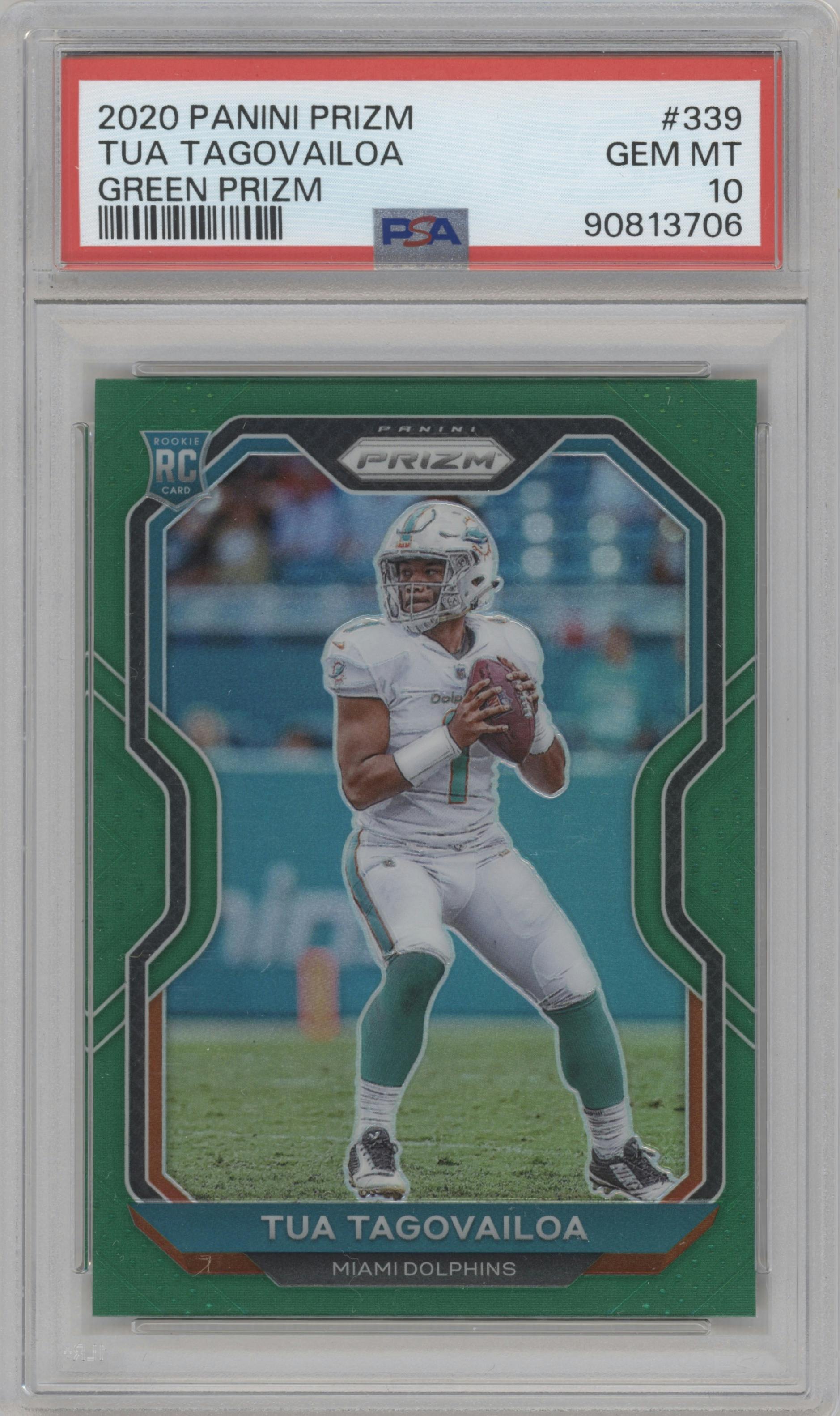 Tua Tagovailoa from the 2020 Panini Prizm set featuring a Green Prizm parallel graded by PSA and given an overall grade of 10.