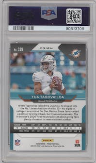 Tua Tagovailoa from the 2020 Panini Prizm set featuring a Green Prizm parallel graded by PSA and given an overall grade of 10.