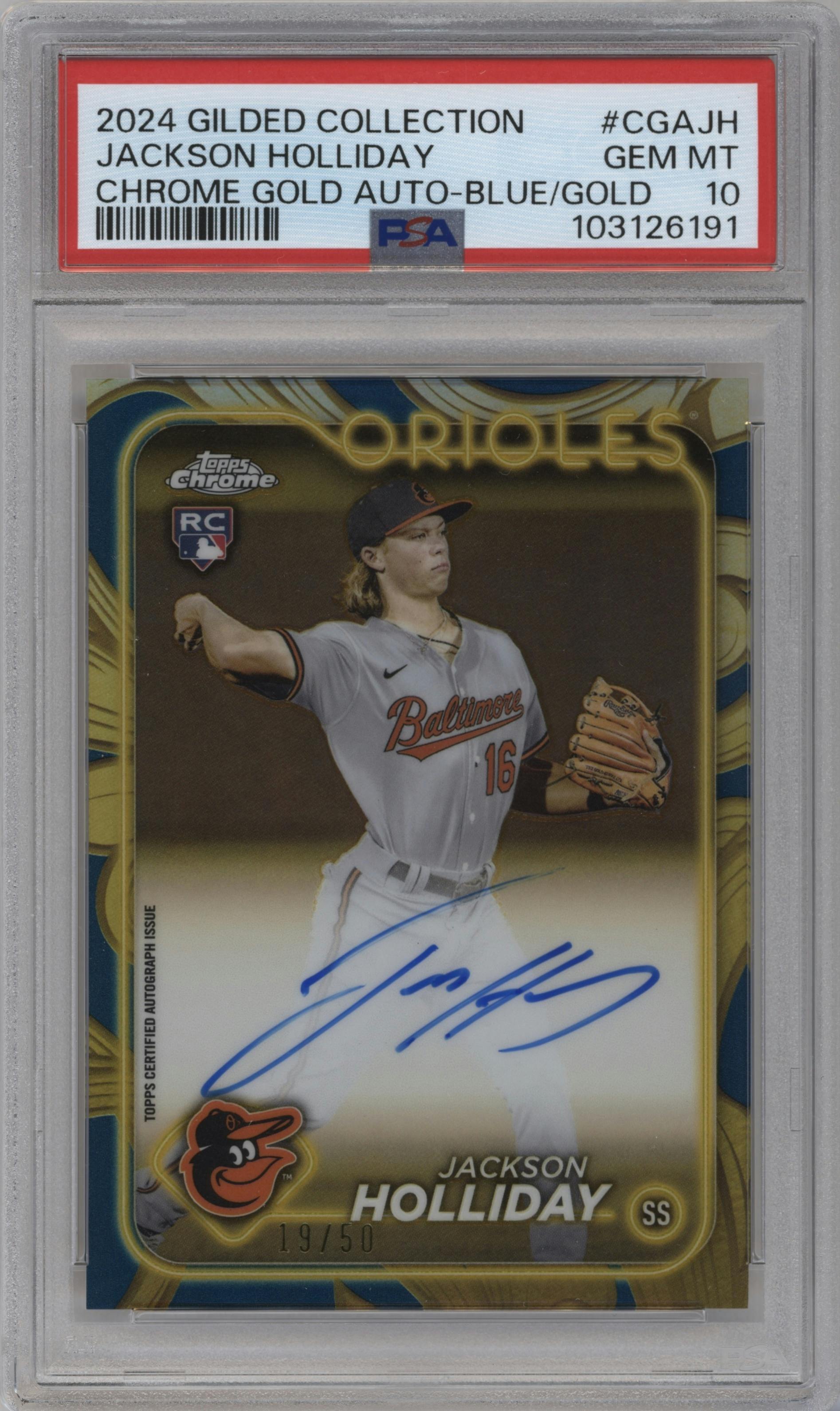 Jackson Holliday from the 2024 Topps Gilded Collection set featuring a Blue/Gold parallel graded by PSA and given an overall grade of 10.