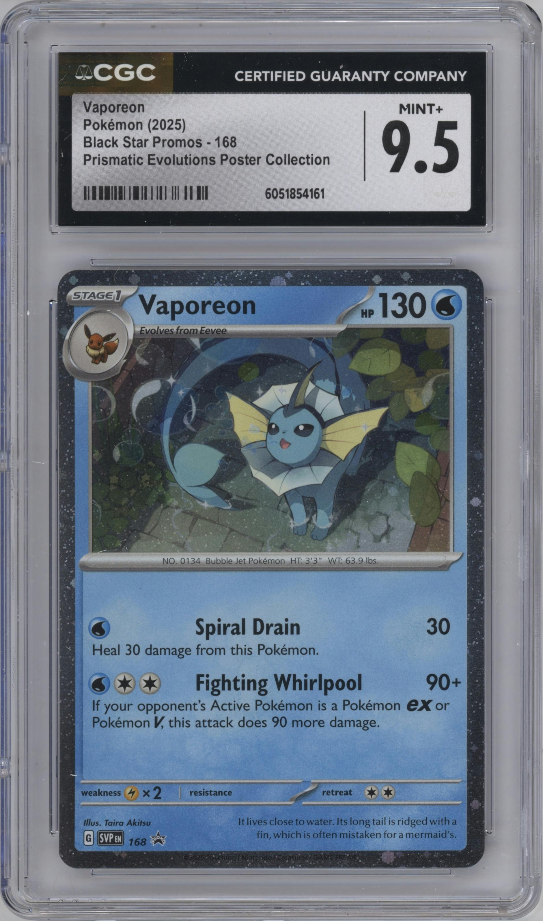 Vaporeon from the 2025 Pokemon SV set featuring a Prismatic Evolutions Poster Collection parallel graded by CSG and given an overall grade of 9.5.