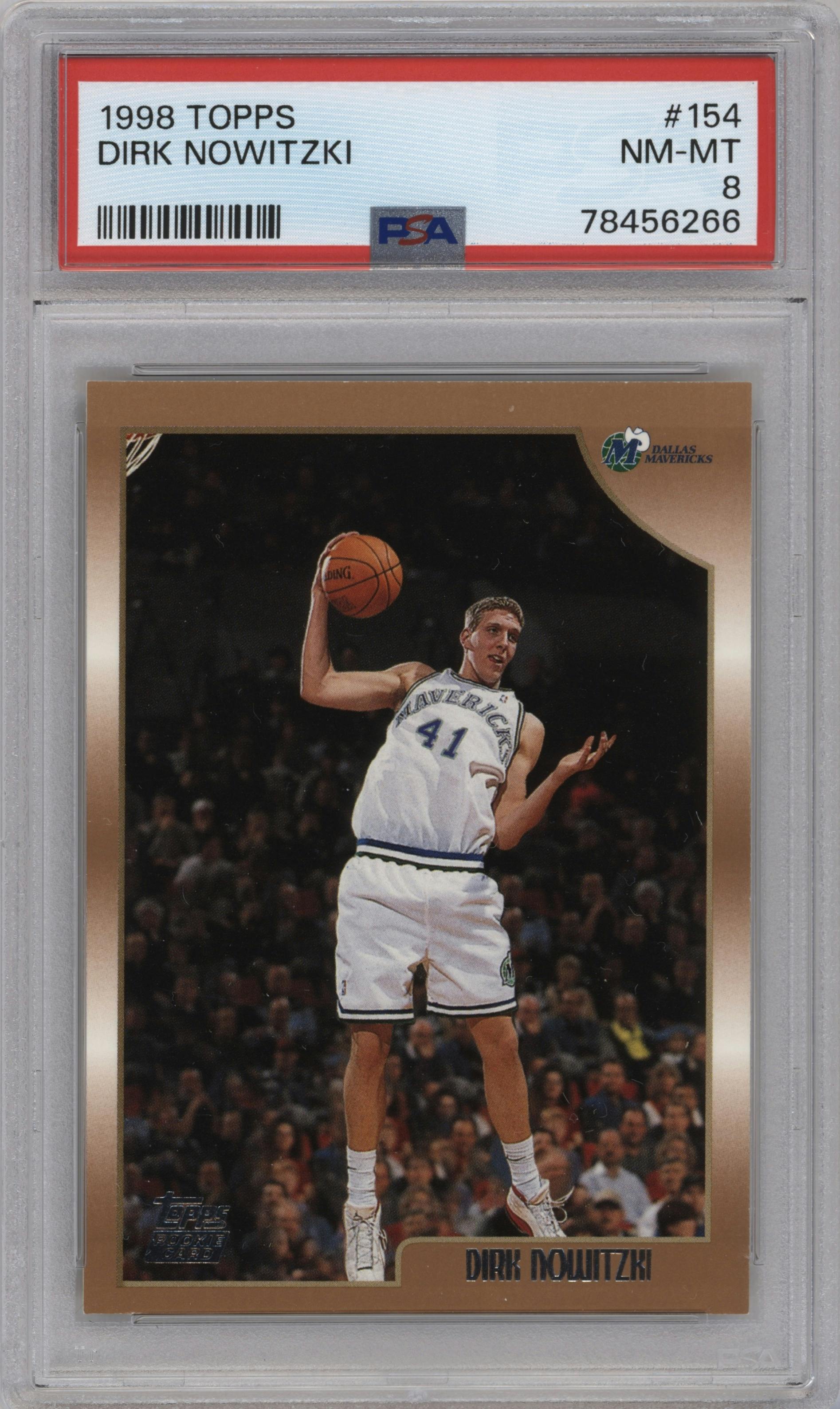 Dirk Nowitzki from the 1998-99 Topps set graded by PSA and given an overall grade of 8.