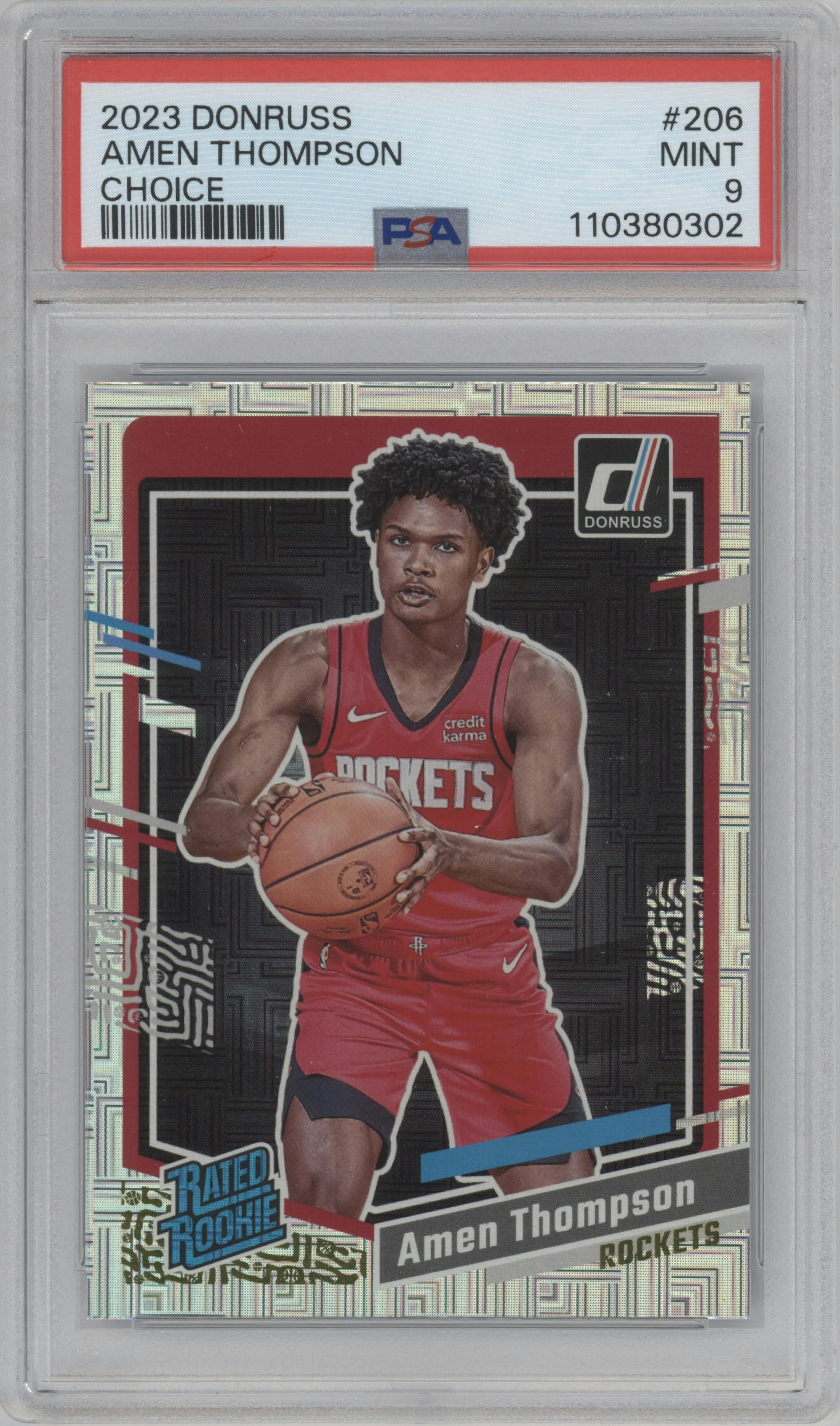 Amen Thompson  from the 2023-24 Panini Donruss set featuring a Choice parallel graded by PSA and given an overall grade of 9.