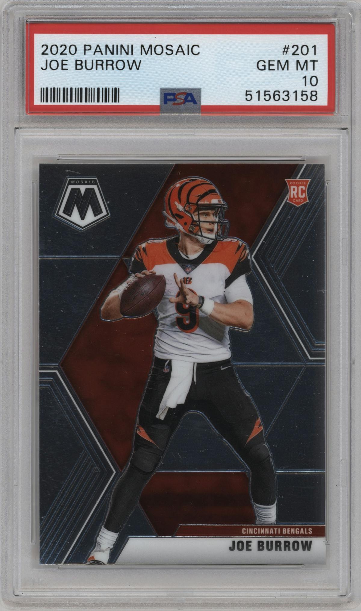 Joe Burrow from the 2020 Panini Mosaic set graded by PSA and given an overall grade of 10.