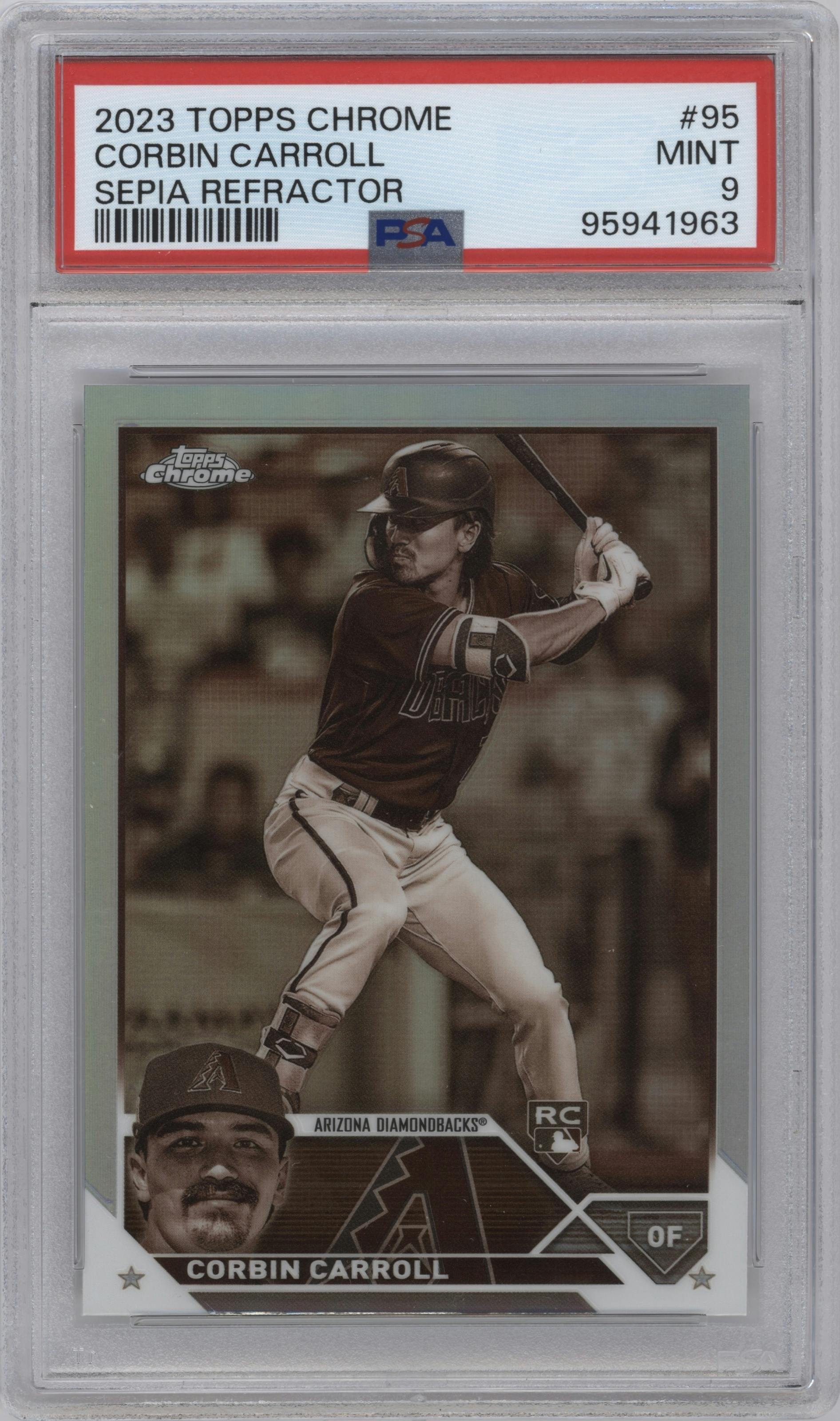 Corbin Carroll from the 2023 Topps Chrome set featuring a Sepia Refractor parallel graded by PSA and given an overall grade of 9.