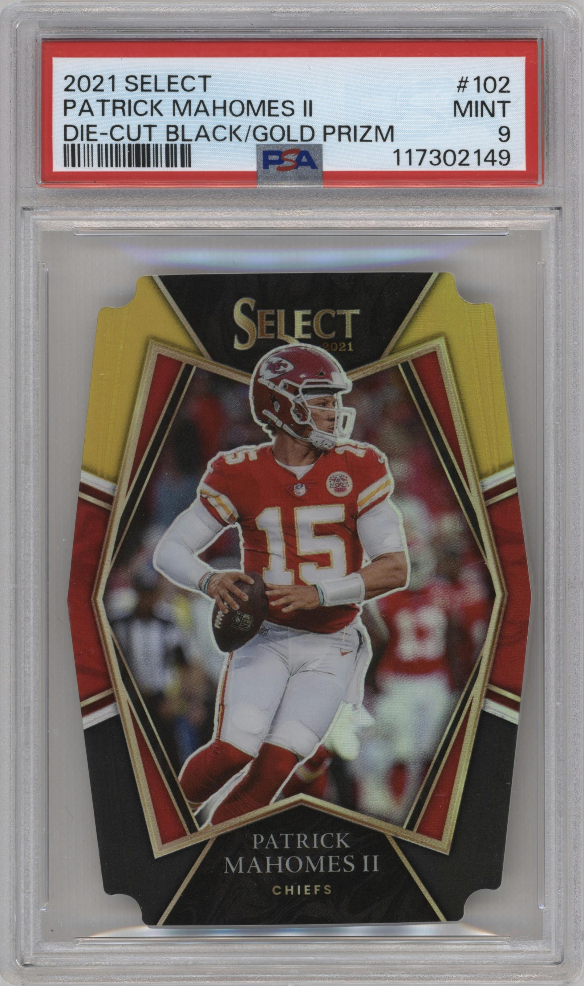 Patrick Mahomes II from the 2021 Panini Select set featuring a Die-Cut Black/Gold parallel graded by PSA and given an overall grade of 9.