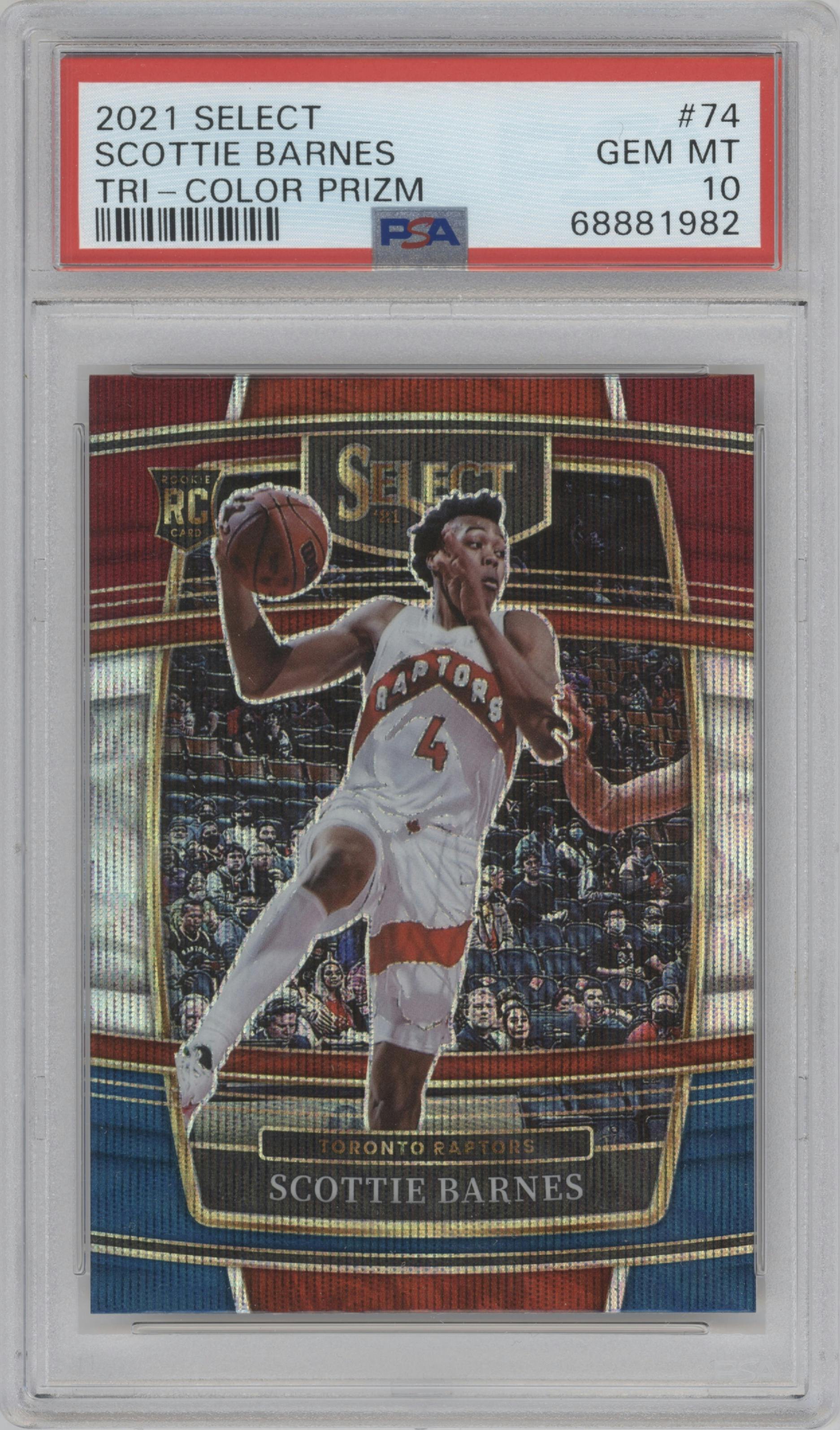 Scottie Barnes from the 2021-22 Panini Select set featuring a Tri-Color parallel graded by PSA and given an overall grade of 10.
